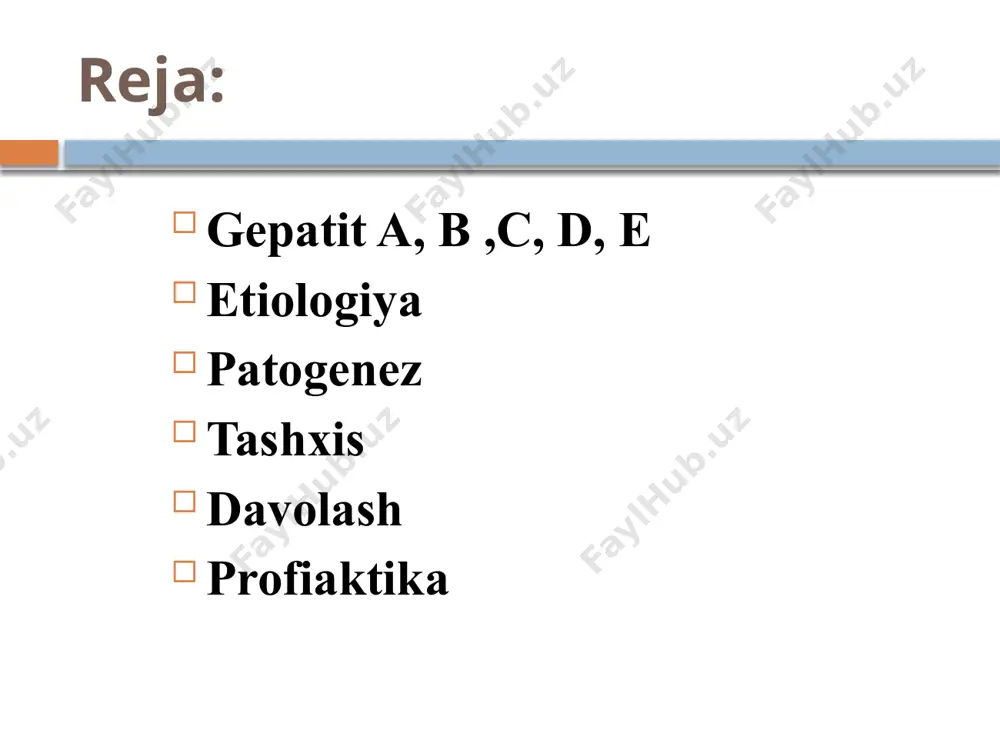 i og’ir formasi 2 klinik simtomlariga qarab a. sariqsiz shakli b. bilinar-bilinmas shakli s subklinik yoki inaparat shakli 3 qancha muddat davom etishiga qarab o’tkir formasi (3 oygacha davom etadi) cho’zilgan formasi (3 oydan 6 oygacha) klinikasi intubatsion davr 7kundan 7 xaftagacha boshlang’ich davri 1 xafta davom etadi kataral yoki grippga o’xshash xili; eti uvishib qaltiraydi xarorati 38 va ba’zan undan yuqori boshi og’riydi tumov belgilari ko’rinadi dispeptik simtomlar bilan ; ko’ngli aynib qusadi oshqazon soxasida og’riq ishtaxasi pasayadi sillasi quriydi sarg’ayish davrida ko’z oqini sarg’ayishi bemorni axvoli ancha yaxshilanadi 5-6 kun davomida sarg’ayish kuchayadi bu davrida ko’ngil aynishi qusish kuzatilmaydi o’ng qovurg’a soxasida og’riq seziladi jigar va taloq kattalashadi 1-2 xafta davom etadi tuzalish davri axvoli kundan-kunga yaxshilanib boradi kasalli simptomlari asta-sekin yo’qolib boradi bemorlar 1-3 oyda o’tkach sog’ayib ketadi laborator diagnostikasi kasallikni erta aniqlash yuqishini kamaytirish va kasallikni yengil formada o’tishini taminlaydi. spisifik laborator usullar antigen va antitelolarni …