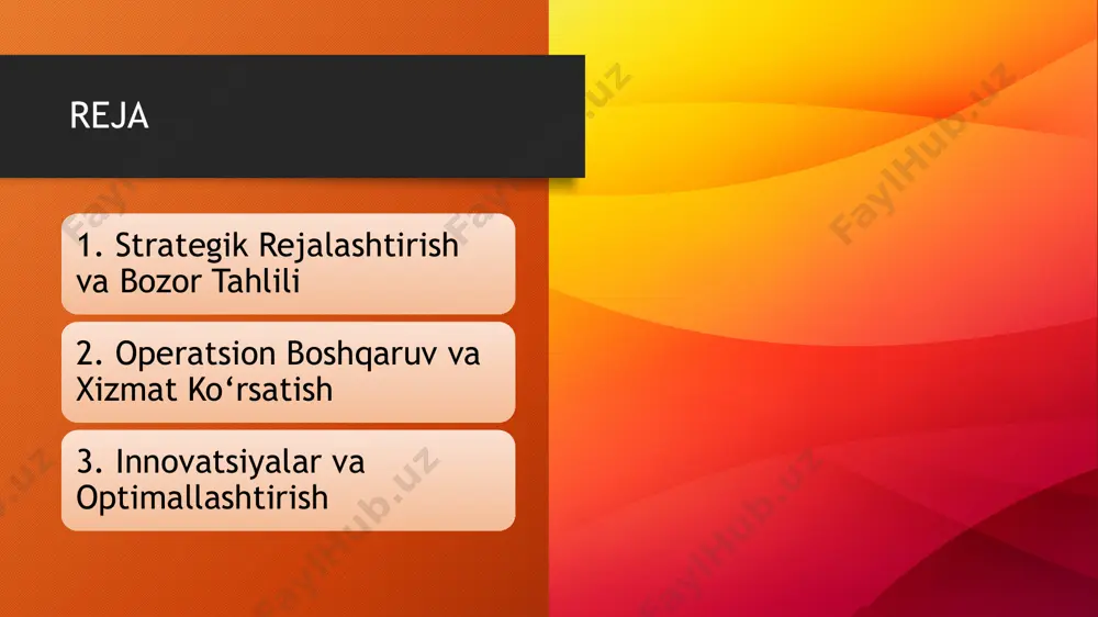 r va promoaksiyalar orqali sotuvlarni oshirishga erishish. jarayonlarni standartlashtirish xizmat ko‘rsatish protseduralari: har bir jarayon – mijoz qabul qilish, buyurtmalarni bajarish, ovqat tayyorlash, xona tozaligi va boshqa xizmatlar – aniq standartlarga asoslanishi zarur. bu mijozlarga doimiy sifatli xizmat ko‘rsatishni kafolatlaydi. ichki nazorat: operatsion jarayonlarni muntazam nazorat qilish, xatoliklarni aniqlash va ularni bartaraf etish orqali xizmat sifatini oshirish mumkin. standart operatsion protseduralar (sop): har bir xizmat ko‘rsatish bosqichi uchun yozma va vizual ko‘rsatmalar ishlab chiqish, xodimlarning o‘zaro muvofiqligini ta’minlashga yordam beradi. texnologik yechimlar onlayn bronlash tizimlari: mehmonlar uchun qulay bronlash imkoniyatini yaratish, raqamli tizimlar orqali ish jarayonlarini avtomatlashtirish xizmat ko‘rsatish jarayonini soddalashtiradi. crm (mijozlar bilan munosabatlar boshqaruvi): mijozlar ma’lumotlarini tizimlashtirish, ularning afzalliklarini va tarixini tahlil qilish orqali individual yondashuvni amalga oshirish imkonini beradi. raqamli platformalar: ijtimoiy tarmoqlar, veb-saytlar va mobil ilovalar orqali mijozlarga yangiliklar, maxsus takliflar va xizmatlar haqida tezkor ma’lumot yetkazish. xodimlarni tayyorlash va rivojlantirish malaka oshirish: xodimlar uchun muntazam …