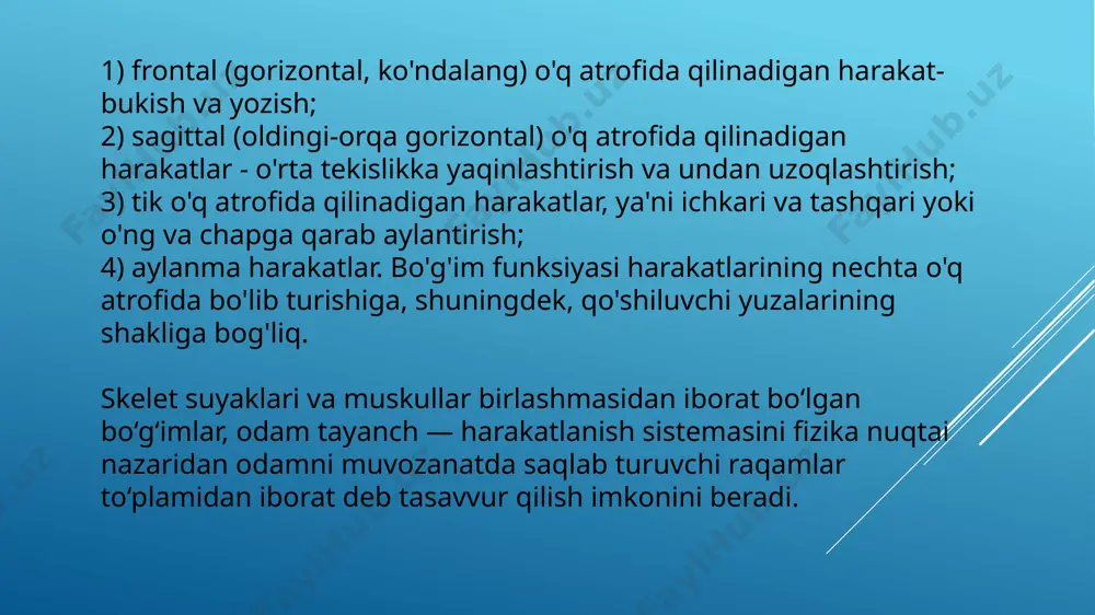 irning to‘rtta turi farqlanadi: cho‘zilish, qisilish, bukilish va buralish. cho‘ziladigan ko‘ndalang kuch paytida, suyak 150 n/mm2 kuchlanishga bardosh beradi. shu narsa aniqlanganki, suyakni cho‘zilishga bo‘lgan mustahkamligi dub daraxtinikiga nisbatan kattaroq. siqilish paytida, suyaklaming mustahkamligi yanada yuqori: eng katta suyak - katta boldir suyagi - 27 nafar odamlaming og‘irligini ko‘taradi. siqilishning chegaraviy kuchi 16 000 - 18 000 n tashkil qiladi. bukilish paytida, odamning suyaklari xuddi shunday katta yuklamalarga bardosh beradi. masalan, son suyagini sindirish uchun 12 000 n (1,2 t) kuchlar etarli emas. deformatsiyaning bunday turi kundalik hayotda ham sport amaliyotida ham keng uchraydi. masalan, qo‘llaming segmentlari sport halqalarida “xoch” holatini ushlab turish paytidagi bukilishda deformatsiya bo‘ladi. harakat paytida suyaklar nafaqat cho‘ziladi, qisiladi va bukiladi, balki buraladi ham. masalan, yurish paytida buraladigan kuchlarning momentlari 15 nm gacha etishi mumkin. ushbu kattalik suyaklar mustahkamligi chegarasidan bir necha marta kichkina: misol uchun katta boldir suyagini parchalanishi uchun buraladigan kuchning momenti 30 140 …