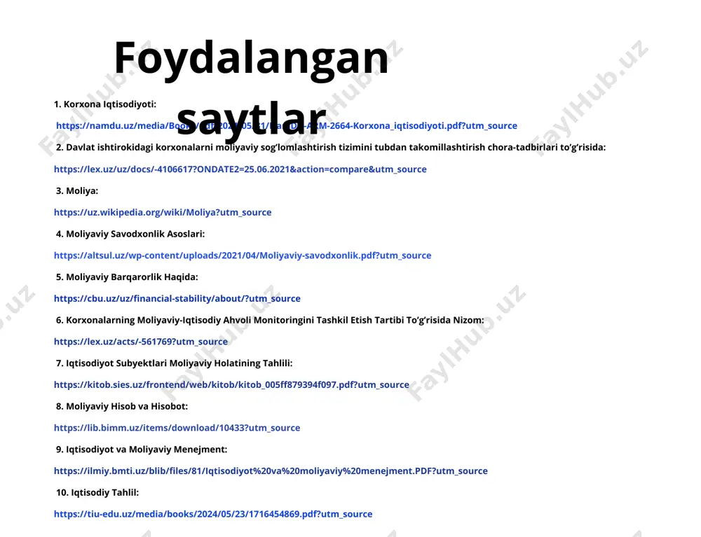 677/korxona-va-tashkilotlarning-moliyaviy-natijalari.pdf?utm_source 3. davlat ishtirokidagi korxonalar: 2021-yil 1-yanvardan boshlab davlat ishtirokidagi har bir korxona oʻzining rasmiy veb-saytida iqtisodiy, moliyaviy va boshqa statistik maʼlumotlarni eʼlon qilishi talab etiladi. https://www.gazeta.uz/oz/2020/11/02/reforms/?utm_source 1. moliyaviy barqarorlik tahlili korxonaning moliyaviy barqarorligi uzoq muddatli majburiyatlarni bajarish qobiliyatini ko‘rsatadi. ko‘rsatkichlar: • kapital tuzilmasi: xususiy kapital va qarzlarning nisbati. • moliyaviy mustaqillik darajasi: xususiy kapitalning umumiy aktivlarga nisbati. • moliyaviy risk: qarz mablag‘larining ulushi. 2. rentabellik tahlili korxonaning daromad keltirish qobiliyatini baholaydi. asosiy ko‘rsatkichlar: • savdo rentabelligi: sof foydaning daromadga nisbati. • aktivlar rentabelligi: sof foydaning aktivlarga nisbati. • kapital rentabelligi: sof foydaning xususiy kapitalga nisbati. 3. likvidlik va to‘lov qobiliyati tahlili korxonaning qisqa muddatli majburiyatlarini bajarish qobiliyati. ko‘rsatkichlar: • joriy likvidlik koeffitsienti: joriy aktivlar/joriy majburiyatlar. • tezkor likvidlik koeffitsienti: (joriy aktivlar – zaxiralar)/joriy majburiyatlar. • kassa koeffitsienti: pul mablag‘lari/joriy majburiyatlar. 4. xarajatlar tahlili xarajatlar tuzilmasi va mahsulot tannarxi tahlil qilinadi. e’tibor beriladi: • doimiy va o‘zgaruvchan xarajatlarning ulushi. • …