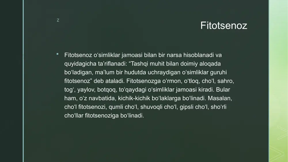 i qabila, oila, turkum yoki avlod, tur esa sistematik tizim hisoblanadi. fitosenozda-gi turlarning miqdor ko‘rsatkichi ularning mo‘lligi hisoblanadi. mo‘llik og‘irlik, ball va ma’lum maydon birligiga to‘g‘ri kеluvchi o‘simliklar soni bilan ifodalanadi. turlarning mo‘lligi tashqi muhit sharoiti va ayni turning guruh bo‘lib yoki alohida o‘sishiga bog‘liq. o‘simliklar jamo-asini tasvirlaganda har bir tur mo‘lligi bo‘yicha alohida ko‘rsatiladi. o‘simliklar jamoasida turlar mo‘lligi jihatidan bir-birlaridan farqlanadi-lar. dasht zonasidagi fitosenozlar turlarga juda mo‘l bo‘lgan o‘simlik-lar jamoasi hisoblanadilar. z o'simliklarning jamoada alohida ko'rinish sxemasi.1-o'simliklarning yer ostida ham yer ustida, ham zich;2-o'simliklar faqat yer ostida zich; 3-o'simliklar yer ustida ham, yer ostida ham, zich emas. z image4.jpeg image5.jpeg image2.png image3.png /docprops/thumbnail.jpeg