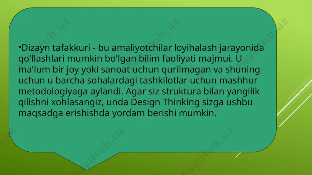 n. prototip bosqichida maqsad mahsulotning barcha oqibatlarini yoki to'siqlarini to'liq tushunishdir. prototiplash shuningdek, foydalanuvchi tajribasi bilan bog'liq muammolarni aniqlashi va dizaynerlarga foydalanuvchi xatti-harakatlari, reaktsiyalari va kutishlari haqida aniqroq tasavvur berishi kerak. 5-bosqich: sinov sinov haqiqiy foydalanuvchilardan aniq ma'lumotlarni yaratishni talab qiladi. biroq, dizaynerlar dizayn fikrining yakuniy bosqichida to'xtamaydilar. dizayn fikrlash iterativdir. shuning uchun dizaynerlar o'z g'oyalarini sinab ko'rish uchun bir nechta prototiplarni yaratadilar. foydalanuvchi tajribasi va yechimlarni sinchkovlik bilan sinovdan o‘tkazmasdan kengaytirib bo‘lmaydi. sinov paytida dizaynerlar tuzatishlar, tuzatishlar va takomillashtirishlarni kutishlari mumkin. sinov bosqichi uchun g'oyalar yoki sinov kabi dizaynning boshqa bosqichlarini "qayta boshlash" odatiy holdir, chunki yangi g'oyalar yangi yondashuvni talab qiladigan boshqa potentsial echimlarni keltirib chiqarishi mumkin. shunday qilib, dizayn fikrlash bizga qutidan tashqarida o'ylash va noyob g'oyalarni ishlab chiqish imkonini beradi. dizayn fikrlashda biz dastlabki muammoni yakuniy deklaratsiya sifatida emas, balki taklif sifatida qabul qilamiz va biz haqiqiy muammolar haqida keng fikr yuritamiz. javobga e'tibor qaratish o'rniga, …