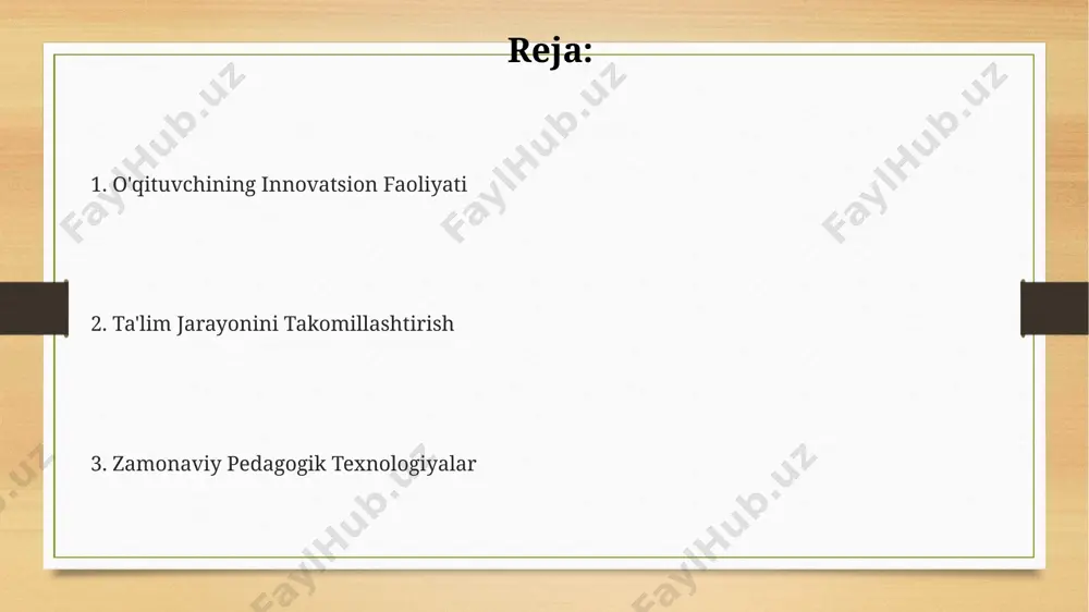 adi. interfaol doska yordamida amalga oshiriladigan onlayn testlar, o'quvchilarning bilim darajasini 10 ball shkalasi bo'yicha aniq baholash imkonini beradi va individual yondashuvni ta'minlaydi. zamonaviy pedagogik texnologiyalar zamonaviy pedagogik texnologiyalar, masalan, gamifikatsiya yondashuvi, o'quv jarayonini 30% ga qiziqarli va samarali qilib, o'quvchilarning faol ishtirokini ta'minlaydi. interfaol o'quv platformalari, jumladan, 5 dan ortiq virtual sinf xonalari orqali, o'qituvchilarga 100 dan ortiq o'quv resurslariga kirish imkonini beradi. aks ettirish va baholashning yangi usullari, xususan, portfel va o'z-o'zini baholash texnologiyalari, o'quvchilarning 70% ga yaqinini o'ziga jalb qiladi va ularning o'rganish jarayoniga bo'lgan munosabatini yaxshilaydi. baholashning yangi tizimlari differensial baholash tizimi, o'quvchilarning individual ehtiyojlarini inobatga olgan holda, kamida 5 ta turli xil baholash usullaridan foydalanishni nazarda tutib, har bir o'quvchining yutuqlarini aniqroq baholashga yordam beradi. zamonaviy baholash tizimlari, o'quvchilarning 80% dan ortig'i o'z bilim va ko'nikmalarini namoyish etishiga imkon beradigan, amaliy topshiriqlar va loyihalar orqali bilimlarni baholashga urg'u beradi. baholashning yangi tizimlari portfel baholari, o'quvchilarning …