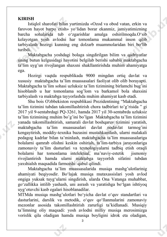 miyati benihoya kattadir. nafosat tarbiyasining mazmuni serqirra bo‘lib, musiqa tarbiya eng asosiy o‘rinni egallaydi. xalq pedagogikasi o‘sib, rivojlanib borayotgan bir davrda xalq musiqiy namunalarini o‘rganish atoqli san’atkorlar ijodidan mashg’ulot jarayonida keng foydalanish musiqa tugaragi rahbari oldida turgan dolzarb vazifalardan biri ekanligi ta’kidlanadi. mazkur tavsiyada mavjud pedagogik vazifalar saqlangan holda, o‘zbekistonga xos milliy qadriyatlar, an’analar, xalq ijodi, musiqani bolalarning idrok etish qobiliyati darajasiga bosqichma-bosqich tatbiq etish nazarda tutiladi. uslubiy qo‘llan​madagi tavsiya etilayotgan ko‘rsarmalar, musiqa repertuari jonajon vatanga muhabbat, mehnatsevarlik, tabiatni e’zozlash, do‘stlik, hamjihatlik, rahm-shavqat kabi hislar musiqiy obrazlar orqali idrok etishga qaratilgan va mashg‘ulot jarayonida quyidagi ijrochilik malakalarini shakllantirish zarur. tovushni to‘g‘ri ohangda ijro etish, musiqa ostida ritmik harakatlarni ifodali bajara olish, cholg‘u asboblarining tovushiga ko‘ra ajrata olish va ularni aniq uslublarda, bolalar cholg‘u asboblarida chalishga o‘rgatishdan iborat. zamonamizdagi ma’naiviy, madaniy, siyosiy, iqtisodiy o‘zgarishlar, zamonaviy pedagogik texnologiyalar, axborot texnologiyalarining ta’lim jarayoniga kirib kelishi bo‘lajak «musiqa ta’limi" yo‘nalishi bo‘yicha tahsil olayotgan talabalarga …