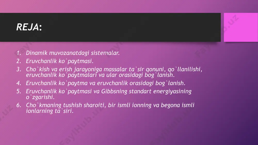 ali hisoblanib va ma`lumotnomadagi termodinamik kattaliklardan foydalanib eko ni hisoblash mumkin. lggogo2.303rt cho`kmaning tushish sharoiti to`yingan eritmaning ionlar aktivliklari (kontsentratsiyalari)ni tegishli darajada doimiy saqlash xossasiga eruvchanlik ko`paytmasi qoidasi deyiladi. ek qoidasiga muvofiq tegishli darajada ionlar aktivliklari ko`paytmasi berilgan haroratda jadvaldagi eko qiymatidan katta bo`lgan eritmalarning bo`lishi mumkin emas. ekbaso4 1,1·10-10 bir ismli ionlarning ta`siri bir ismli ionlarning ta`siri ko`pgina miqdoriy cho`ktirish va ajratish usullarining asosida yotadi va analitik kimyoda keng qo`llaniladi. masalan, ag2c2o4 ning eruvchanligiga bir ismli ionning ta`sirini ko`rib chiqaylik. eritmada na2c2o4ning kontsentratsiyasi 0,2 moll bo`lsin. bu eritmaning ion kuchi: 12(2·0.2·120.2·22)12(0.40.8)0.6 bunday ion kuchidagi ag2c2o4 ning ek si ekag2c2o4 3,2·10-10ga teng. bir ismli ionlarning ta`siri muvozanat kontsentratsiyalarning ifodalarini ekga qo`yib yechamiz: [ag]x; [c2o42-]0.212x ek[ag]2[c2o42-]x2(0.2+12x)2 biroq x<<0.2 bo`lgani uchun 0,212 x0,2 ga teng deb olamiz va ek dan topamiz: ekag2c2o4 x2·0,2; yoki qiymatini qo`ysak 3,2·10-100.2·x2 x23,2·10-100,2 [ag]x 4,0·10-5 moll. bir ismli ionlarning ta`siri xuddi shunday ion kuchiga ega bo`lgan eritmada …