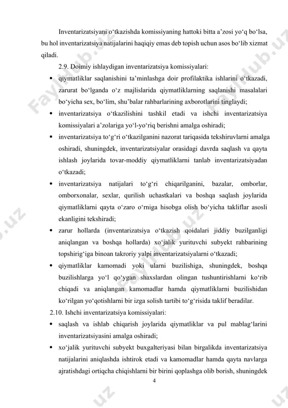 idan ko‘rilgan yo‘qotishlarni bir izga solish tartibi to‘g‘risida taklif beradilar. 2.10. ishchi inventarizatsiya komissiyalari: · saqlash va ishlab chiqarish joylarida qiymatliklar va pul mablag‘larini inventarizatsiyasini amalga oshiradi; · xo‘jalik yurituvchi subyekt buxgalteriyasi bilan birgalikda inventarizatsiya natijalarini aniqlashda ishtirok etadi va kamomadlar hamda qayta navlarga ajratishdagi ortiqcha chiqishlarni bir birini qoplashga olib borish, shuningdek tabiiy yo‘qolish me’yorlari doirasida kamomadlarni hisobdan o‘chirish bo‘yicha takliflar ishlab chiqadi; · tovar-moddiy qiymatliklarni qabul qilish, saqlash va berishni tartibga solish, hisobga olish va ular saqlanishini nazorat qilishni yaxshilash, shuningdek me’yordan ortiqcha va ishlatilmaydigan moddiy qiymatliklarni sotish masalalari bo‘yicha takliflar kiritadi; quyidagi hollar uchun javobgar bo‘ladi: a) xo‘jalik yurituvchi subyekt rahbarining buyrug‘iga muvofiq inventarizatsiyani o‘z vaqtida o‘tkazish va uni o‘tkazish tartibiga rioya qilish uchun; b) tekshirilayotgan asosiy vositalar, tovar-moddiy qiymatliklar, pul mablag‘lari va hisob-kitoblar vositalarining haqiqatdagi qoldiqlari to‘g‘risidagi ma’lumotlar ro‘yxatga to‘liq va aniq qayd etilishi uchun; v) tovar-moddiy qiymatliklarning ular narxi belgilanadigan farqlovchi belgilari (turi, navi, rusumi, …