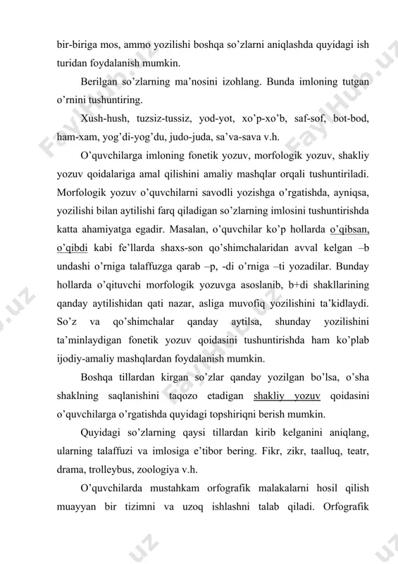 so’z; 8-sinf uchun 140 so’z; 9-sinf uchun 140 so’z. bu miqdor o’quvchilarning bilim darajasiga qarab ozaytirilishi yoki ko’paytirilishi mumkin. o’quvchilarda orfografik malaka quyidagi tamoyillar asosida hosil qilinadi: 1) orfografiyani ongli o’qitish; 2) orfografiya o’qitishni o’quvchining umumiy rivojlanishi bilan, jumladan, nutq madaniyatini o’stirish bilan bog’lab olib borish; 3) yozma va og’zaki nutq mashg’ulotlarini bir-biriga moslab olib borish; 4) o’quvchilarning mustaqil ishlashi; 5) orfografik qoidalarni o’zlashtirishda qabul qilingan usullarning bir-biri bilan uzviy bog’liq bo’lishi. o’quvchilarning imloviy savodxonligini oshirishda turli yozma ish turlaridan, nazorat va boshqa xil diktantlaridan foydalaniladi. yozma ishlar uchun tanlangan matn mazmun jihatidan ham, o’tilayotgan orfogrammaga boyligi jihatidan ham talabga javob berishi lozim. orfografik mashqlar imloni ongli o’zlashtirishni ta’min etishi, izchil bo’lishi, o’quvchilarning mustaqil ishlash malakasiga mos bo’lishi kerak. o’quvchilarning yozma va og’zaki nutqini o’stirish, imloviy savodxonligini oshirishda diktantining ahamiyati katta. nazorat diktanti matni pedagogik hamda lingvistik talablarga javob berishi bilan birga undagi so’zlar soni, taxminan quyidagicha bo’lishi mumkin: sinflar …