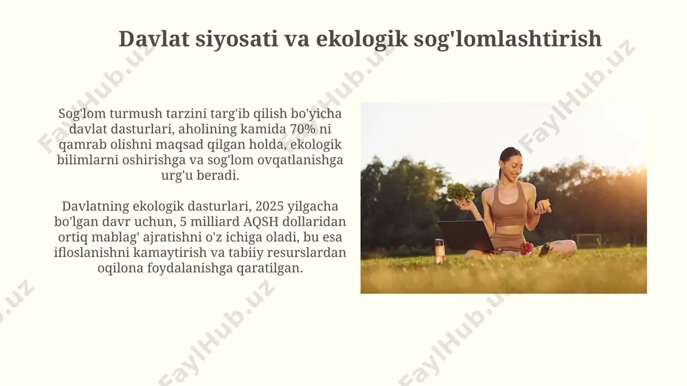 bo'lgan qiziqishning 2 baravar oshganini ko'rsatdi. atrof-muhitning inson salomatligiga ta'siri havoning ifloslanishi nafas yoʻllari kasalliklari, astma va oʻpka saratoniga olib keladi, bu esa bolalar salomatligiga jiddiy tahdid soladi. pm2.5 kabi zararli zarralar miqdori ortishi bilan kasallanish xavfi ham ortadi. atrof-muhit ifloslanishi yurak-qon tomir kasalliklari xavfini 20-30% ga oshiradi, bu esa yiliga millionlab odamlarning oʻlimiga sabab boʻladi. toza suv va sog'liq toza suvning har kuni kamida 2 litr iste'mol qilinishi organizmdagi toksinlarni yuvib tashlashga yordam beradi, bu esa immunitetni kuchaytirish va kasalliklarga qarshilik ko'rsatishda muhim ahamiyatga ega. suv balansining buzilishi organizmning suvsizlanishiga olib keladi, bu esa terining qurishi, bosh og'rig'i va energiya etishmovchiligi kabi salbiy oqibatlarga olib keladi. organizmning suvga bo'lgan kunlik ehtiyoji turli omillarga bog'liq. jamoatchilik ishtiroki va ekologik faoliyat ekologik faoliyatda yoshlarning ishtiroki 30% ga oshdi, ularning 70%i daraxt ekish va suv resurslarini tejash kampaniyalarida faol qatnashdi. o‘zbekistonda 2022-yilda 100 000 dan ortiq fuqaro ekologik tozalash tadbirlarida ishtirok etdi, …