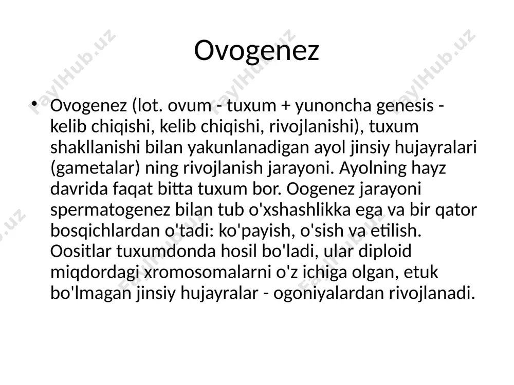 i kattalashib, ozuqa moddalarini to'playdi, 1-tartibdagi ootsitlarga aylanadi. yetuklik zonasi. 1-tartibdagi oositlar diploten bosqichida to'xtaydigan i profilaktika fazasiga kiradi. "uyni saqlash genlari, xromosomalar" chiroq cho'tkasi "o'xshaydi. ovogenez d 10-12 yoshda oylik 1-tartibdagi oositlardan biri yetilish davriga kiradi. birinchi meiotik bo'linish ikkita qiz hujayra hosil qiladi. ulardan biri, nisbatan kichik, birinchi qutb tanasi deb ataladi, ikkinchisi, kattaroq, 2-tartibli oosit. ovogenez sxemasi naslchilik: ovogenez o’sish: i tartibli ootsit yetilish: oosit ii tartib, qutb tanalari, tuxum. a – naslchilik bosqichi, b – o'sish bosqichi, v – pishish bosqichi tuxum hujayralari tuxumdonda ishlab chiqariladi. birlamchi jinsiy hujayralar o'z kelib chiqishidan rivojlanayotgan jinsiy bezlarga o'tadi. ovogenez bosqichlari: naslchilik bosqichi: birlamchi jinsiy hujayralarning jinsiy bezlarida ko'payadi, mitoz yo'li bilan bo'linadi va oogoniyalar deyiladi. ko'pgina pastki umurtqali hayvonlarda ular butun reproduktiv davrda bo'linish qobiliyatini saqlab qoladilar. sutemizuvchilarda oogoniyalarning ko'payishi faqat embrional davrda sodir bo'ladi va intrauterin rivojlanish oxirida to'xtaydi (odamlarda oogoniyalarning maksimal soni (6-7 million) 5 oylik …