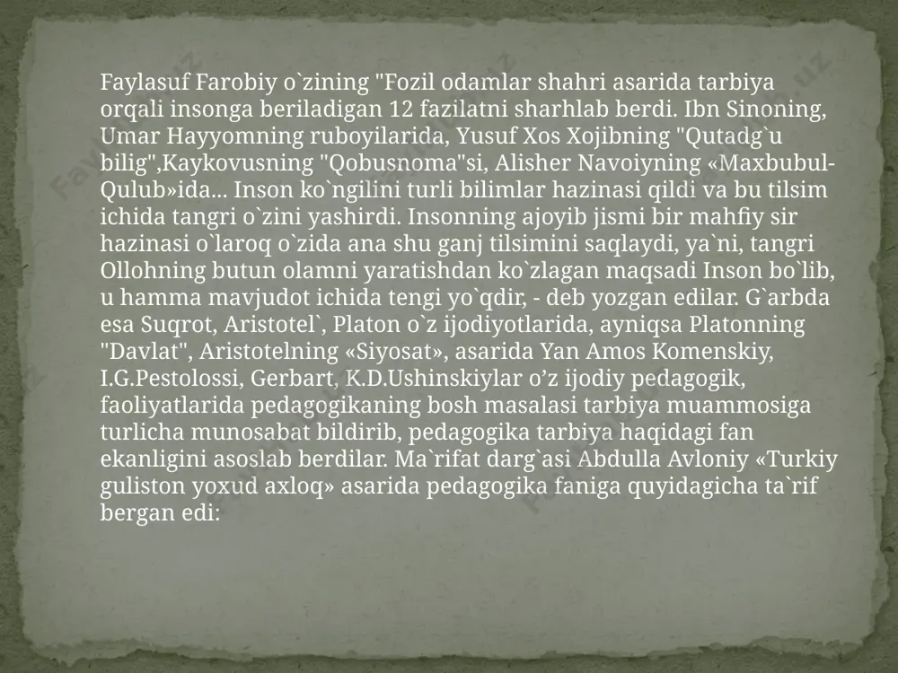 tegishli qoida va talablarga qanday rioya qilish zarurligini bolalarga ko'rsatadi va tushuntiradi. bolalar ko'rsatilgan namunalarni axloqiy qoidalarga taqlid qiladilar. qoida va talablar dalil va misollar bilan tushuntirilsa, ularni bolalar ravshan anglab oladilar va onglariga chuqurroq singadi. natijada, bu qoida va talablar bolaning kundalik hayot tarziga aylanadi. axloqiy qoida va talab larning bola hayotiga singib ketishi ko'p jihatdan uning e'tiqodining mustahkam bo'lishiga bog'liqdir. tarbiyada tushuntirish,uqtirish shu bois hozirgi sharoitda o`z-o`zini tarbiyalash nixoyatda muhim ahamiyat kasb etmoqda. o`z-o`zini tarbiyalash iborasi pedagogik adabiyotlarda asosan o`tgan asarning o`rtalarida ishlatilgan bo`lsada, o`z-o`zini takomillashtirish haqida qadimdan fikr yuritiladi. o`tmishning ko`pgana faylasuflari, pedpagoglar o`z-o`zini takomillashtirishning mohiyati uning jamiyat va inson hayotidagi rolini ochib berishga urinishgan. ma`lumki, inson ijtimoiy mavjudodgina bo`lmay, tabiat maxsuli hamdir. uning dunyoga kelishi, o`sishi hayotning umumiy qonuniyatlari birinchi navbatda o`z-o`zining boshqarish va mustaqil rivojlanishi kabi jarayonlarga ham bog`liqdir. mustaqil rivojlanish shaxs o`zi anglagan yoki anglamagan bo`lishi mumkin. shaxs o`z rivojlanishini anglagandagina bu rivojlanish o`z-o`zini …