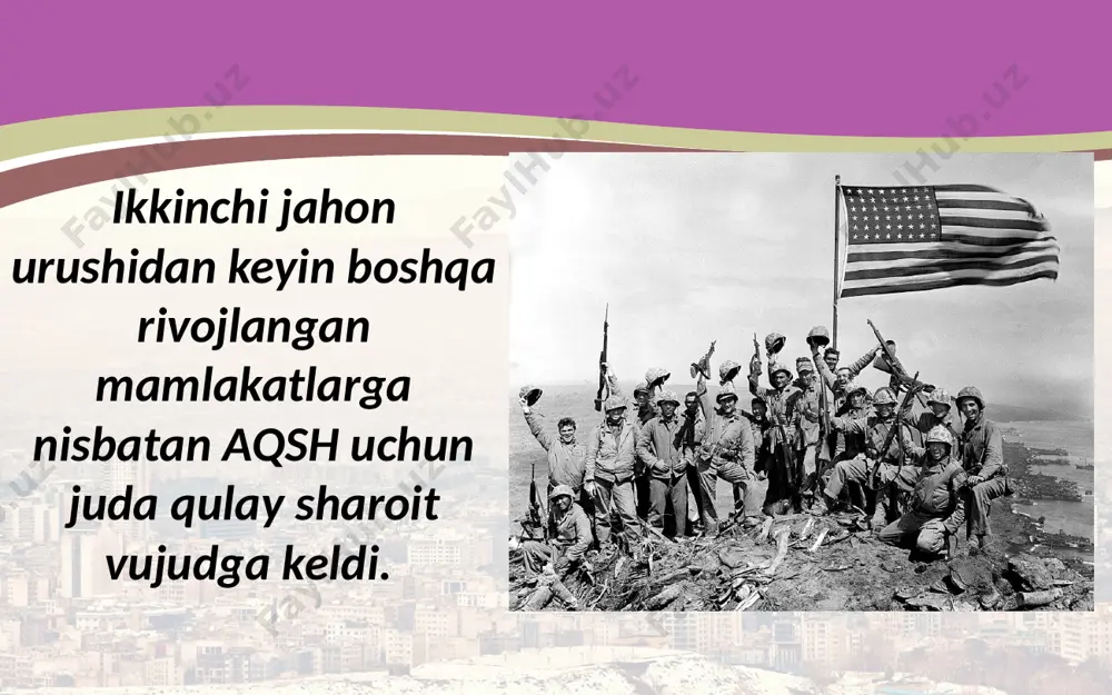 labki yillarda reaksiya yanada kuchaydi. mamlakatda makkartizm avj oldi. j. makkarti faoliyatini ko‘pgina reaksion tashkilotlar qo‘llab-quvvatladi. j. makkarti 1963-yili aqsh prezidenti jon kennedi, 1968-yili qora tanlilar tengligi uchun harakatning eng mashhur arbobi, nobel tinchlik mukofoti sovrindori, ruhoniy martin lyuter king o‘ldirildi. martin lyuter king bu yillarda aqsh ichki taraqqiyotda ham, xalqaro maydonda ham katta muvaffaqiyatlarga erishdi. 1980-yillar – 1990-yillarning boshlari neokonservatizm g‘oyasi tantanasi davri bo‘ldi. tashqi siyosat. jahonda yetakchilik mavqeyini egallab olgan aqsh ikkinchi jahon urushidan keyingi dastlabki yillarda ikkita tamoyilning uyg‘unli giga asoslangan faol tashqi siyosat olib bordi. birinchidan, aqsh kuch yordamida o‘zlariga ma’qul bo‘lmagan o‘zgarishlarga qarshilik qildi. ikkinchidan, qarshilik qilish mumkin bo‘lmagan hollarda ularga moslashib, bu o‘zgarishlardan saboq olishga intildi. savol va topshiriqlar 1. urushdan keyin aqsh iqtisodiy rivojlanishining o‘ziga xos tomonlari to‘g‘risida gapirib bering. 2. aqshda makkartizm siyosati nimaga qaratilgan edi? 3. prezident r. nikson qanday islohotlarni amalga oshirdi? 4. «reyganomika» nima va r. reygan davridagi iqtisodiy …