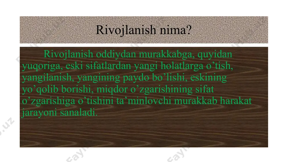 iat va tarbiya: bolalar o'zlarining shaxsiy dunyosini (tabiatini) anglashga kuchli turtki beradigan biologik organizmlardir. rivojlanish (tarbiyalash) uchun o'ta murakkab muhitga kirish juda muhimdir. yoshlar ham o'zlarining intellektual rivojlanishiga faol hissa qo'shadilar. umumiylik va xilma-xillik: yoshlar o'rtasidagi farqlar rivojlanishning eng yuqori bosqichlarida tez-tez uchraydi, bu ma'lum tajribalarni talab qiladi (masalan, ilmiy fikrlash bo'yicha ko'rsatma). sifatli va miqdoriy o'zgarish: bolalarning fikrlashi mulohaza yuritish jarayonida o'zgarishlarga uchraydi; axborotni tasniflashning yangi usullari avvalgi tizimlarga asoslangan bo`ladi. bilimlar bazasida miqdoriy qo'shimchalar bosqichma-bosqich sodir bo'ladi. jan piaje barbel inhelder lourens kolberg devid elkind robbi ishi jon flavell nazariyaga strategik yondashish kognitiv jarayon nazariyalari tabiat va tarbiya: ham tabiat, ham tarbiya muhim ahamiyatga ega. bolalar ma'lumotni idrok etish, talqin qilish va eslab qolish uchun asosiy qobiliyatlarga ega bo'lib tug'ilishadi; bu imkoniyatlar miyaning yetukligi, tajribasi va faolligi bilan o'zgaradi. umumiylik va xilma-xillik: dunyoni anglash istagi barcha bolalar uchun bir xildir. turli xillik esa bolalarning ta'lim olishlarida va ma'lum …
