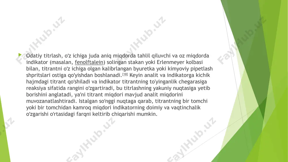qilib bo‘lmaydigan omillarga bog‘liq. 1.1. insoniy omil titrlovchi shaxsning ko‘z o‘lchovi, refleks tezligi, rang ajratish qobiliyati kabi subyektiv xususiyatlari natijalarning farqiga olib keladi. ayniqsa, indikator rangining o‘zgarishini aniqlashda subyektiv qarashlar katta rol o‘ynaydi. bu ayniqsa rangli indikatorlar ishlatilganda dolzarb hisoblanadi (masalan, fenolftalein bilan ishlaganda to‘q pushti rangni aniqlash har doim ham aniq bo‘lmaydi). 1.2. e’tiborning chalg‘ishi laboratoriyada ishlash chog‘ida biror sonni noto‘g‘ri o‘qish, titrantni kerakli miqdordan ortiqcha yoki kam quyish, byuretadagi havo pufakchalarini e’tibordan chetda qoldirish tasodifiy xatoliklarning sabablari bo‘lishi mumkin. 1.3. asboblarning sezuvchanligi o‘lchov asboblari (byureta, pipetka, silindr va h.k.) ham o‘z sezuvchanligiga ega. byureta orqali tomchilayotgan eritmaning oxirgi tomchisi ko‘rinmasligi yoki qo‘shilmasligi titrlash natijasiga sezilarli ta’sir qilishi mumkin. tizimli xatoliklar tizimli xatoliklar – bu takroriy titrlashlarda bir xil yo‘nalishda (doimiy ravishda ko‘p yoki kam) yuzaga keladigan xatoliklardir. ular natijani aniq noto‘g‘ri tomonga og‘diradi va tahlil tizimida mavjud nosozlik yoki noto‘g‘ri yondashuv natijasida yuzaga keladi. 2.1. reaktivlar kontsentratsiyasi noto‘g‘ri …