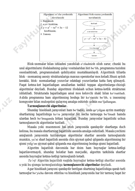antiqiy shartlarning bajarilishiga ko‘ra jarayonlar bir necha tarmoqqa bo‘linadi hamda ulardan hech bo‘lmaganda bittasi bajariladi. bunday jarayonlar bajarilishi uchun tarmoqlanuvchi algoritmlar tuziladi. masala yoki muommoni hal etish jarayonida qandaydir shartlarga duch kelinsa, bu masala shartlarning bajarilishi asosida amalga oshiriladi. masala yechimi aniqlanish jarayonida tuzilayotgan algoritmlar shartlar asosida tarmoqlanishi mumkin, ya’ni shart bajarilish asosida chin qiymat qabul qilganda algoritmning bir qismi yolg‘on qiymat qabul qilganda esa algoritmning boshqa qismi bajariladi. algoritm bajarilish davomida har doim ham buyruqlar ketma-ketligi bajarilavermaydi, shunday holatlar ham mavjudki, algoritm tarkibida shartlar asosida buyruqlar ketma-ketligi tarmoqlanib ketadi. ta’rif: algoritm bajarilish vaqtida buyruqlar ketma-ketligi shartlar asosida u yoki bu qismga tarmoqlanishiga tarmoqlanuvchi algoritmlar deyiladi. agar hisoblash jarayoni qandaydir berilgan shartning bajarilishiga qarab turli tarmoqlar bo‘yicha davom ettirilsa va hisoblash jarayonida har bir tarmoq faqat bir marta bajarilsa, bunday hisoblash jarayonlariga tarmoqlanuvchi algoritmlar deyiladi. tarmoqlanuvchi struktura, odatda, qandaydir mantiqiy shartni tekshirish blokini o‘z ichiga oladi. tekshirish natijasiga ko‘ra, tarmoq …