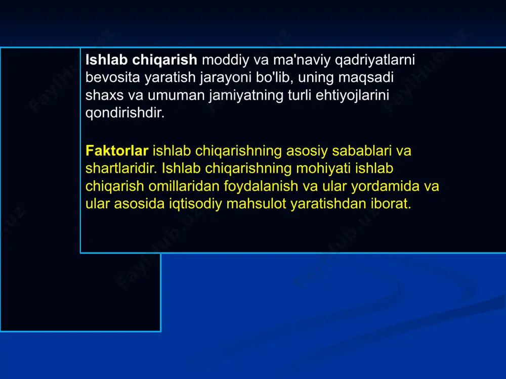 tarzidan ko'ra ko'proq shartdir. kapital ishlab chiqarish omili sifatida turli shakllarda, shakllarda paydo bo'lishi va turli yo'llar bilan o'lchanishi mumkin. yuqorida ta'kidlab o'tilganidek, ishlab chiqarish kapitali ham jismoniy, ham o'zgartiruvchidir 4. ishlab chiqarish omili tadbirkorlik faoliyatining ishlab chiqarish faoliyati natijalariga ta'sirini aks ettiradi . tadbirkorlik tashabbusi ishlab chiqarish natijalariga ijobiy ta'sir ko'rsatadi. biroq, bu omilning ta'sirini hisoblash va o'lchash juda qiyin. mehnat va kapitaldan farqli o'laroq, tadbirkorlik yoki tadbirkorlik faoliyati deb ataladigan omilning o'zida umumiy qabul qilingan miqdoriy ko'rsatkichlar mavjud emas. shuning uchun uning ishlab chiqarish hajmiga yoki boshqa natijalarga ta'sirini baholash miqdoriy emas, balki sifat jihatidan amalga oshirilishi kerak. tadbirkorlik tashabbusi ishlab chiqarishdagi mehnat daromadini oshiradi. iqtisodiy o'sish omillari: - tabiiy resurslarning miqdori va sifati; - mehnat resurslarining miqdori va sifati; - asosiy kapital hajmi; - texnologiya darajasi (ilmiy-texnika taraqqiyoti) - umumiy xarajatlar darajasi. iqtisodiy o'sish turlari: ekstensiv o'sish ishlab chiqarishning qo'shimcha omillarini doimiy sifat va texnik darajasini saqlab …