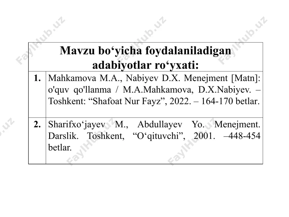 kiliy va boshqaruv omillari: menejment tizimi; ishlab chiqarishning logistikasi; ishlab chiqarishni rejalashtirish. 4. bozor va raqobat omillari: raqobat va innovatsiyalar; talab va ta’minot; hukumat va qonunchilik omillari 5. inson resurslari: ishchi kuchining malakasi; motivatsiya va ish sharoiti. 6. ekologik omillar: ekologik talablar: ekologik standartlarga rioya qilish. ishlab chiqarishni boshqarishda ta’sir qiluvchi omillar ishlab chiqarishni boshqarish bevosita, ishlab chiqarish jarayoniga ta’sir qiluvchi tashqi va ichki omillarni boshqarish jarayonlarini o‘z ichiga oladi. bularga: ishchi kuchini boshqarish; ishlab chiqarish vositalarini boshqarish texnika va texnologiyani boshqarish ishlab chiqarish samaradorligini boshqarish mahsulot sifatini boshqarish investitsiya samaradorligini boshqarish innovatsion jarayonni boshqarish va boshqa. boshqaruvchi tizimda obyektlarni boshqarish dastlab rejalashtirishdan boshlanib, ishlab chiqarishni tashkil qilish, uni tartibga tushirish, muvofiqlashtirish bilan davom ettirilib, nazorat bilan tugaydi. bu yerda rag‘batlantirish ishlab chiqarishni boshqarishning barcha funksiyalari jarayonida o‘z aksini topadi. 3. ishlab chiqilgan mahsulot sifatini boshqarish mahsulot sifatini boshqarish deganda, buyumlarni iste’molchilar talablariga butunlay mos keluvchi sifat tasniflari bilan ishlab …