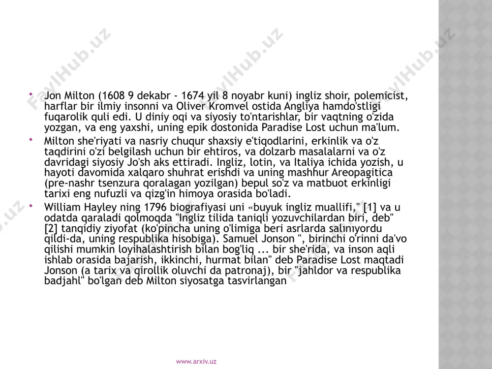 milton of "rafiqasi sifatida tanilgan edi masihning ". [tahrir] milton lotin o'tkazilgan maxfiy mavzularda soxta rasmiy bahslar, iborat universitet o'quv dasturi, nafratlangan edi. uning o'z korpus ayniqsa, uning oltinchi prolusion va tomas hobson vafot uning epitaphs hazil mahrum emas. kembrij u masihning tug'ilish, ajoyib dramatick shoiri, uilyam shekspir o'zining epitafiya kuni ertalab, ularning orasida uning taniqli qisqa english she'rlar bir qator, yozgan bo'lsa-da, uning birinchi she'ri bosma, l'allegro va il paydo penseroso. www.arxiv.uz study, she'riyat va sayohat ushbu mavzu haqida batafsil ma'lumot olish uchun, jon milton erta hayotini qarang. bu ehtimol, boshqa bir nafrat holda buyuk qobiliyat, o'ziga bir yuksak va barqaror ishonch, odatiy yondosh edi uning barcha asarlarida uchraydi; zo'rg'a uchun har qanday odam hech shunchalik ko'p yozgan, va shuning uchun bir necha yuksak baho berdi. uning hamdu sano u juda tejamkor edi; uning qiymati yuqori o'rnatilgan, va vaqt chiqindilar, va butunlay unutilib ketsam bir aniq konservantlarning qarshi xavfsizlik …