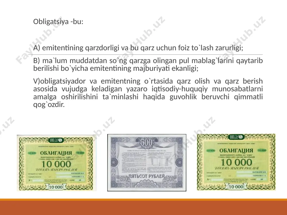 an boshlab 3% tilla chiqara boshlandi. 1989 yilda 5% davlat xazina majburiyatlari, 1990 yildan boshlab esa maqsadli foizsiz davlat zayom obligatsiyalari va 10% li davlat xazina majburiyatlari chiqara boshlandi. o`zbekiston respublikasida 1992 yildan boshlab birinchi davlat zayom obligatsiyalari chiqara boshlandi. bugungi kunda ular muzlatib qo`yilgan. mahalliy boshqaruv organlariga ham o`zlarining mahalliy obligatsiyalarini chiqarishga ruxsat berilgan. ulardan tushgan pul mablag`lari asosan mahalliy xududlarni obodonlashtirishga va ekologiyani yaxshilashga, sotsial-ijtimoiy zarur ob`ektlarni qurishga va ta`mirlashga yo`naltiriladi. mahalliy obligatsiyalar investorlarni ularning daromadlarini mahalliy soliqlardan ozod etilishi bilan jalb qiladi. shuning uchun ham mahalliy obligatsiyalar soliqlarga tortiluvchi boshqa turdagi barcha obligatsiyalarga nisbatan ko`proq daromad keltiradi. obligatsiyalarni xilma-xil belgilar bo`yicha quyidagi turlarga bo`lish mumkin: 1.emitentlar bo`yicha: • davlat obligatsiyalar; • mahalliy obligatsiyalar; • kompaniya va firmalar obligatsiyalari; • chet el obligatsiyalari (ularning emitentlari xorijiy qarzdorlar hisoblanadi); 2.emissiya maqsadlariga qarab: • yangi investitsiya loyihalarini pul mablag`lari bilan ta`minlash maqsadda chiqarilgan obligatsiyalar; • emitentning qarzini to`lash maqsadida chiqarilgan …