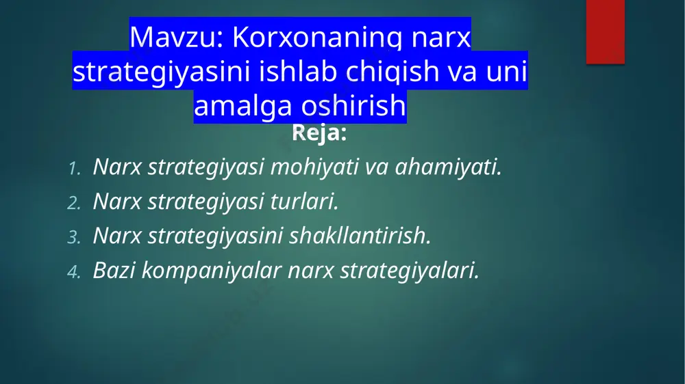 rxonaning oladigan foydasini qo’shishga asoslanadi. talabga asoslangan turi ko’pchilik hollarda korxonalar narxlashtirishning asosiy omili xarajatlar emas, balki tovarning iste'molchilar tomonidan xaridor sifatida qabul qilinishi, ya'ni tovarning xaridor xohlaydigan foydaliligidadir deb biladilar. raqobatga yo’naltirilgan turi korxonaning narx siyosatiga raqobatchilarning narxlari va bozorda narx o’zgarishiga raqobatchilarning munosabati katta ta'sir ko’rsatadi. demak, raqobatchilar narxini o’rganish - narx shakllanishi sohasida muhim elementlardan biri hisoblanadi. dastavval korxonaning narx siyosati bozor tipiga bog’liq ekanligini qayd etishi lozim. marketingda narxlar strategiyasini ishlab chiqish ma'lumot to'plash (me'yoriy hujjatlarni tanlash, xarajatlarni hisoblash, maqsadlarni shakllantirish, potentsial xaridorlarni, raqobatchilarni aniqlash va marketing strategiyasini aniqlashtirish); strategik tahlil (davlat tomonidan tartibga solish bahosi, moliyaviy tahlil, raqobatchilarni tahlil qilish, bozor segmentlarini tahlil qilish); narxlar strategiyasini yaratish. kompaniyaning maqsadlariga qarab narxlarning asosiy strategiyalari xaridorning xususiyatlari kompaniyaning maqsadi xaridor guruhlari bo'yicha narxlarni farqlash raqobat pozitsiyasidan foydalanish assortiment narxlari bir qator xaridor yuqori qidiruv xarajatlari bilan ajralib turadi. tasodifiy chegirma strategiyasi mijozlarning ma'lum bir qismi mahsulotning foydali …