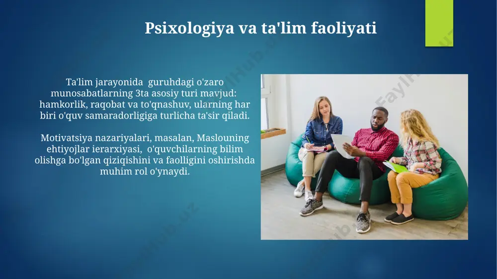 iy bosqichdan: tinglash, tushunish va mulohaza yuritishdan foydalanishi, bu esa talabalarning 70% gacha bo‘lgan qismini ijobiy natijalarga olib kelishi mumkin. talabalarga beriladigan konstruktiv tanqid kamida 2 ta ijobiy fikr va 1 ta taklifni o‘z ichiga olishi, bu esa tanqidni yumshatib, qabul qilishni osonlashtiradi. o'qituvchilarning muloqot madaniyati o'qituvchilarning 70% dan ortig'i samarali muloqot ko'nikmalariga ega emas, bu esa o'quvchilarning tushunish darajasiga salbiy ta'sir ko'rsatadi va ta'lim jarayonini sekinlashtiradi. noverbal aloqa (mimika, imo-ishoralar) o'qituvchining xabarining 55% ini tashkil etadi. shuning uchun, o'qituvchilarning jismoniy holati va non-verbal signallarini nazorat qilish muhim ahamiyatga ega. e'tiboringiz uchun rahmat @taqdimot_robot image6.jpg image7.jpg image8.jpg image9.jpg image10.jpg image11.jpg image12.jpg image13.jpg image14.jpg image15.jpg image16.jpg image2.png image3.png image4.png image5.png