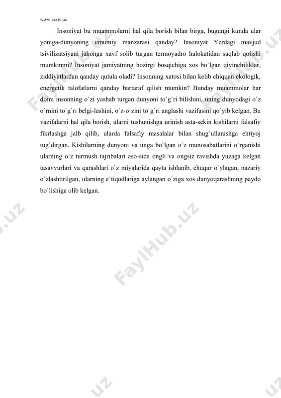biri haqiqat, ya`ni olamning haqiqiy manzarasini, holatini bilishdan iborat. dunyoqarash bir butun uyushma bo`lib, o`zida uch asosiy holatni: bilish - baholash - hatti-harakatni birlashtiradi. xuddi shuning uchun ham dunyoqarash individual, jamoaga xos, ommaga xos bo`ladi. dunyoqarashning 3-ta eng muhim tomoni mavjud. ular qo`yidagilardan iborat: dunyoni his qilish; dunyoni tasavvur qilish; dunyoni tushunish. kishilarning aqliy va hissiy tajribalari dunyoqa-rashning turli shakllarida turli tarzda o`z ifodasini topadi. uning hissiy-ruhiy tomonini dunyoni his etish deb atasak, kishining olam haqidagi tasavvurlarini dunyoni id-rok qilish deymiz. dunyoqarashning intellektual tomonini dunyoni tushunish tashkil etadi. dunyoqarashning 2 ta eng muhim qutbi mavjud: 1. aqliy (aql), 2. hissiyot (hissiy). turli dunyoqarashlarning «aqliylik koeffitsienti» tur-licha bo`ladi. shuning-dek, ularning his-tuyg`ularga asoslanganligi darajasi ham farq qiladi. biroq bundan qat`iy nazar, har qanday dunyoqarash ikkala qutbni ham o`z ichiga oladi. hatto eng yetuk dunyoqarash ham faqat aqliylik kompo-nentidan iborat emas va aksincha hatto eng rivojlanmagan dunyoqarash ham faqat his-tuyg`ulardan iborat emas, chunki …