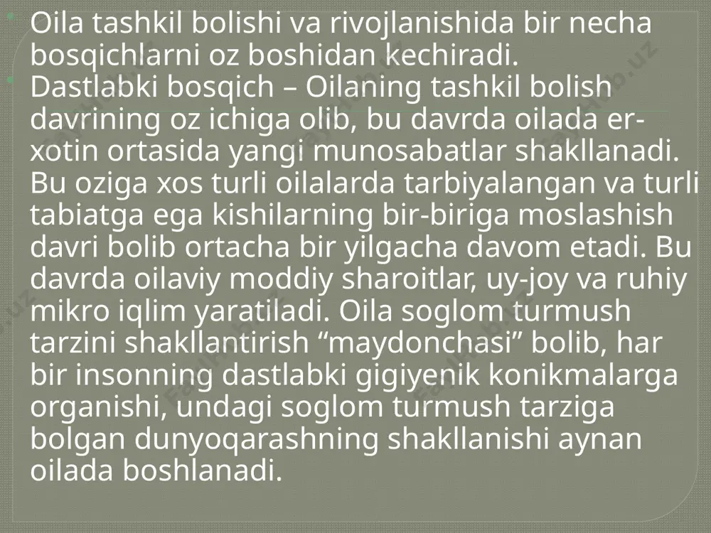 yg'u, moda sohasida mustaqillik, bugungi kun talablari asosida kiyinish, kasb tanlashda mustaqillik, ba'zan turmush o'rtoq tanlashda mustaqillik uchun ota-onalar bilan kurashishni istamaslik. spirtli ichimliklarga qaram bo'lgan yoki o'zini obro'sizlantirish orqali axloqsizlikka yo'l qo'ygan ota-onalar. ba'zi bolalar ishlashga o'rgatilmagan va buning natijasida engil hayotga o'rganib qolishadi . ayrim yoshlar farzandlik burchini unutishadi va hokazo. ota-onalarning psixologik-pedagogik bilim darajasining etarli emasligi natijasida yuzaga keladigan kelishmovchiliklar. ota-ona va farzand o‘rtasidagi munosabatlardagi yuqorida qayd etilgan kamchiliklar natijasida oila baxti yo‘qoladi, sovuqqonlik paydo bo‘ladi. xix asrning ikkinchi yarmida yashab ijod qilgan sharq mutafakkiri ahmad donish o‘zining “navodir ul-vaqoe” (“nodir hodisalar”) asarida qaynona-kelinlar nizosi haqida yozadi: hozir va keyin. ular doimo kurashadilar. nega ular urushadi? chunki ular nima uchun urishayotganini ham bilishmaydi. shuning uchun ular jang qilishadi ». demak, qaynona-kelinlar o‘rtasidagi nizolar, ularning sabablarini aniqlash, bartaraf etish alohida ahamiyat kasb etishi aniq. /docprops/thumbnail.jpeg