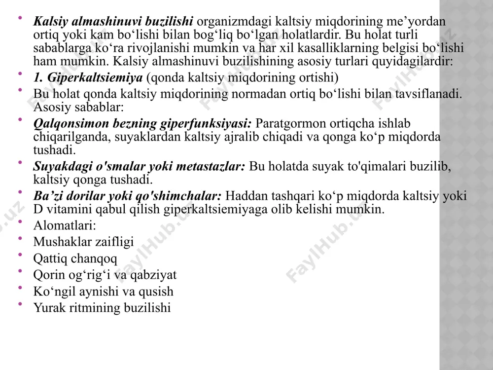oliyatining buzilishiga olib kelishi mumkin. sabablari: ortiqcha yod qo‘shimchalari: yod saqlovchi dorilar va qo‘shimchalarning haddan tashqari ko‘p iste’moli. yod bilan boyitilgan oziq-ovqat yoki mahsulotlar: yod miqdori yuqori bo‘lgan dengiz mahsulotlarini haddan tashqari ko‘p iste’mol qilish. alomatlari: gipertireoz: qalqonsimon bezning ortiqcha gormon ishlab chiqarishi bilan bog‘liq bo‘lib, yurak urishining tezlashishi, asabiylik, vazn yo‘qotish, titrash, ko‘p terlash va uyqusizlik kabi belgilar bilan kechadi. bo‘qoq: yod ortiqchaligi ham qalqonsimon bezning kattalashishiga olib kelishi mumkin. yallig‘lanish jarayonlari: terining qichishishi, shish va tirnash xususiyati kelib chiqishi mumkin. 3. qalqonsimon bez kasalliklari yod almashinuvi buzilishi qalqonsimon bezning ishlashiga to‘g‘ridan-to‘g‘ri ta’sir qiladi. ko‘pincha bu quyidagi kasalliklarga olib keladi: gipotireoz: qalqonsimon bez gormonlarining kam ishlab chiqarilishi (ko‘pincha yod yetishmovchiligidan). gipertireoz: gormonlarning me’yordan ortiq ishlab chiqarilishi (ba’zan yodning ortiqchaligidan). bo‘qoq: yod yetishmovchiligi yoki ortiqchaligi tufayli qalqonsimon bezning o‘sishi. kretinizm bu kasallik yod yetishmovchiligi bilan bog‘liq bo‘lib, ayniqsa homiladorlik paytida yetarli miqdorda yod olmagan bolalarda rivojlanadi. kretinizm og‘ir aqliy va …