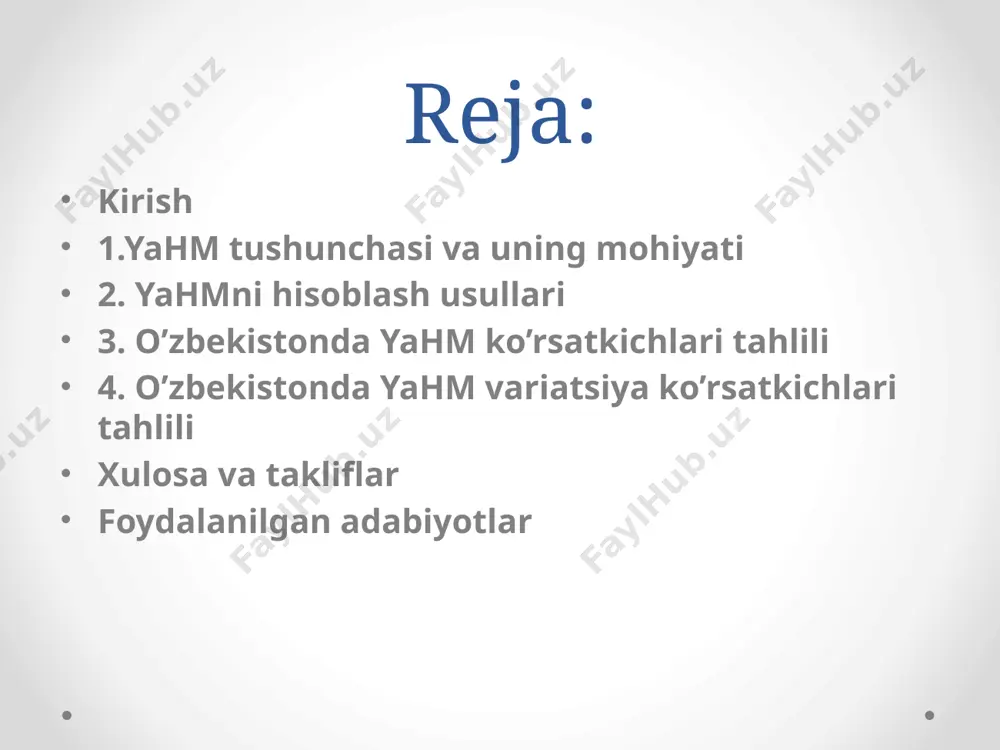 iyatining muayyan davr (oy, chorak, yil) davomidagi umumiy natijalarini tavsiflaydigan koʻrsatkich. mamlakat hududida joylashgan barcha korxonalar (chet el va qoʻshma korxonalari ham shu hisobga kiradi) tomonidan jami ishlab chiqarish omillari bilan ishlab chiqarilgan tovarlar va xizmatlarning bozor qiymatlaridagi ifodasi boʻlib, uning miqdori milliy hisoblar tizimi asosida hisoblab chiqiladi. mamlakat iqtisodiyotining rivojlanishini makrodarajada tavsiflash va tahlil etishda foydalaniladi. oʻzbekistonda 2003 yilda amaldagi narxlarda 9964,1 mlrd. soʻmlik yim ishlab chiqarildi. bu 2002 yilga nisbatan 4,4 % ga koʻp demakdir. yaratilgan yimning tarmoq tuzilmasi quyidagicha: uning 48,5% tovarlar ishlab chiqarish (uning 15% sanoatda, 28,8% qishloq xoʻjaligida, 4,5% qurilishda) va 38,1% xizmatlar koʻrsatish (uning 8,5% traneport va aloqada, 9,4% savdo va umumiy ovqatlanishda, 20,2% bozor va nobozor xizmatlarda)ga, 13,4% mahsulot va eksportimport operatsiyalari sof soliqlariga toʻgʻri keldi. milliy statistikada asosiy makroiqtisodiy koʻrsatkich sifatida yim yoki yalpi milliy mahsulot (ymm), hatto yalpi milliy daromad (ymd) ham qabul qilinishi mumkin masalan, aqsh va yaponiyada yim emas, …