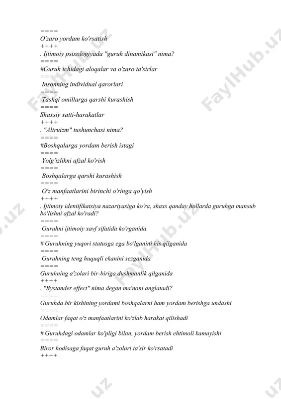 tahlil qiladigan psixologik yondashuv qanday nomlanadi? ==== biologik yondashuv ==== kognitiv yondashuv ==== # sotsial yondashuv ==== madaniy yondashuv ++++ . "fundamental attribution error" deganda nima nazarda tutiladi? ==== o'zgaruvchan sharoitlarda boshqalarga qaraganda o'zini ko'proq tushunish ==== # boshqalarning xatti-harakatlarini ularning shaxsiy xususiyatlariga bog'lash, o'zini esa tashqi omillarga bog'lash ==== guruhni o'ziga jalb qilish ==== boshqalar bilan o'zaro yordam qilish ++++ . "kogonitiv dissonans" nima? ==== #aksil fikrlarning bir-biriga mos kelmasligi natijasida yuzaga keladigan ichki noqulaylik ==== guruhda xatti-harakatlarning bir xil bo'lishi ==== o'zgarishlarga qarshi turish ==== shaxsning o'zini ijtimoiy muhitga moslashtirishi ++++ . ijtimoiy ta'sirning qanday turiga "sozlash" kiradi? ==== # konformizm ==== ob'ektiv ta'sir ==== dushmanlik ==== ijobiy ta'sir ++++ . sotsial psixologiyada "roli o'ynash" deganda nima tushuniladi? ==== #shaxsning guruhdagi o'rni va faoliyati ==== shaxsning ijtimoiy guruhlar bilan munosabati ==== shaxsning o'zini jamiyatda qanday tutishi ==== guruh a'zolarining bir-biriga bo'lgan qarashlari ++++ . tajriba natijalarini qiyoslashda "boshqa …