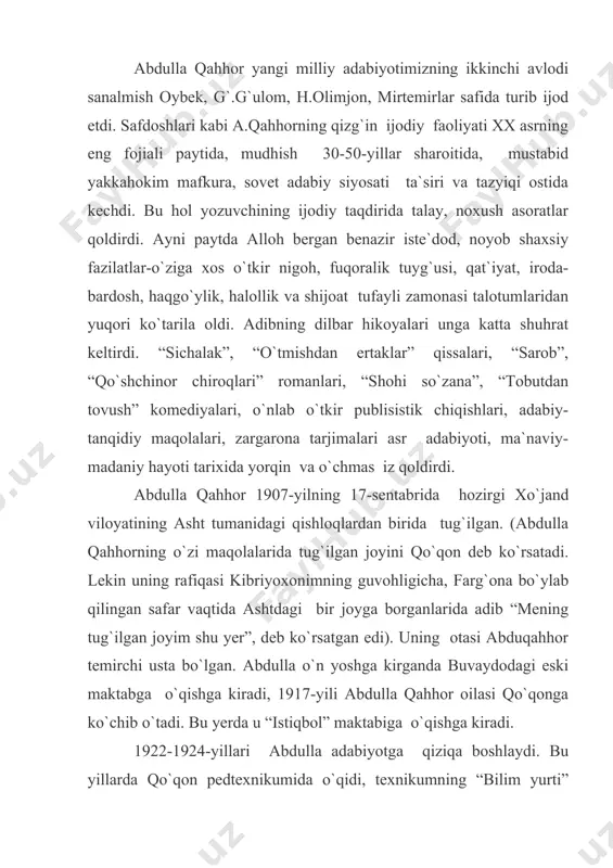 yurti” devoriy gazetasida she`r va maqolalari bilan tez-tez qatnashib turdi. “gulyor”, “yalangoyoq”, “norin shilpiq”, “mavlon kufur”, “nish” kabi taxalluslar bilan respublikaning ko`zga ko`ringan gazeta va jurnallarida feleton, hajviy she`r, hikoyalar e`lon qila boshladi. abdulla qahhor 1926-yili o`rta osiyo davlat universitetining ishchilar fakultetiga o`qishga kiradi. 20-yillarning ikkinchi yarmida abdulla qahhor feletonning o`zi bilan ish bitmasligini, rang-barang hayot materiallarini bitta janrga sig`dirib bo`lmasligini anglab, hikoyada ham kuchini sinab ko`ra boshlaydi. uning birinchi kitobi 1932-yili bosilib chiqqan “qishloq hukm ostida” degan kichik qissasidir. shundan so`ng uning “olam yasharadi” va “tangrining kulgisi” degan hikoyalar kitoblari chop etildi. 30-yillar avvalida abdulla qahhor o`rta osiyo davlat universiteti pedagogika fakultetida o`qiydi, so`ng til va adabiyot institutining aspiranturasiga kiradi. xuddi shu yillarda uning tarjimonlik faoliyati avj oladi. qisqa muddatda m.gorkiyning “mening universitetlarim”, f.gladkovning “olovli ot”, m.shaginyanning “gidrosentral”, a.serafimovichning “temir oqim” kabi yirik asarlarini tarjima qiladi. keyinchalik esa gogol va chexov asarlarining tarjimasi maydonga keladi. ular abdulla qahhorga xos …