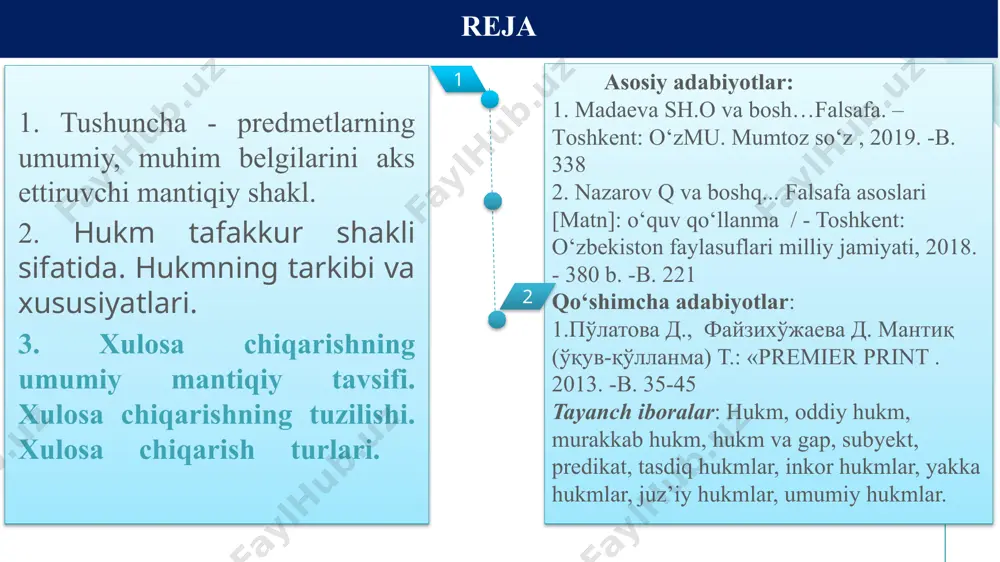 arq qilishiga alohida etibor berish zarur. sezgi, idrok va tasavvur predmetning yaqqol obrazlaridir. abstrakt va konkret konkret tushunchalarda predmet o‘zining belgilari bilan birgalikda fikr qilinadi. abstrakt tushunchalarda esa predmetning belgilari undan fikran ajratib olinib, alohida aks ettiriladi. masalan, «inson», «tabiat» tushunchalari – konkret tushunchalar, «qahramonlik» (insonga xos xususiyatni aks ettiradi), «sistemalilik» (borliqdagi predmetlarga xos xususiyatni ifoda qiladi) tushunchalari abstrakt tushunchalardir. yakka tushunchaning hajmida bitta predmet fikr qilinadi. masalan, «mars planetasi yakka tushunchadir. umumiy tushuncha predmetlar guruhini aks ettiradi. «planeta» tushunchasi umumiy tushuncha hisoblanadi. nisbatsiz va nisbatdosh tushunchalar nisbatsiz tushunchalar nisbatan mustaqil, alohida mavjud bo‘lgan predmetlarni aks ettiradi. «davlat», «badiiy asar» ana shunday tushunchalardir.nisbatdosh tushunchalar esa zaruriy ravishda bir-birining mavjud bo‘lishini taqozo qiladigan predmetlarni aks ettiradi. tushuncha turlari yakka va umumiy tushunchalar murakkab mulohaza tarkibidan ikki yoki undan ortiq mulohazani ajratish mumkin bo‘lgan mulohaza murakkab mulohaza deyiladi. mulohaza tarkibida mantiqiy ega va mantiqiy kesimni ajratib ko‘rsatish mumkin. mantiqiy ega- fikr qilinayotgan …