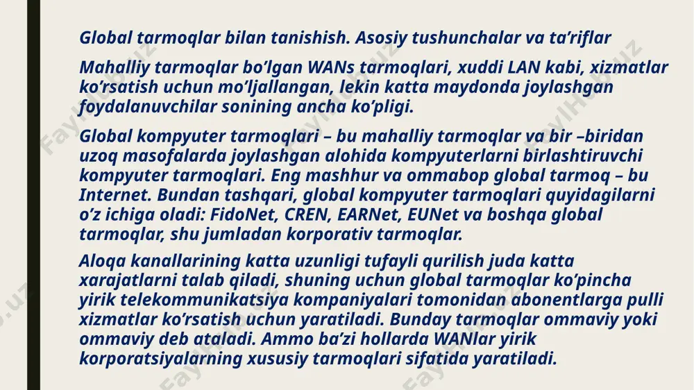 tish uchun ishlatiladi); paketlarni almashtirish (ma’lumotlarni uzatish uchun, yaqinda u audio va video ma’lumotlarini uzatish uchun ham ishlatiladi). internet global axborot tarmog’i katta qiziqish uyg’otmoqda. internet bir –biri bilan umumiy telekommunikatsiya kanallari orqali ma’lumot almashadigan turli xil kompyuter tarmoqlarini (mahalliy, korporativ, global) va individual kompyuterlarni birlashtiradi. deyarli barcha internet xizmatlari mijoz-server tamoyiliga asoslangan. internetdagi barcha ma’lumotlar serverlarda saqlanadi. tarmoq serverlari o’rtasida ma’lumot almashish yuqori tezlikdagi aloqa kanallari yoki avtomobil yo’llari orqali amalga oshiriladi. bu magistrallarga quyidagilar kiradi: ajratilgan telefon analog va raqamli liniyalar, optik aloqa kanallari va radiokanallar, shu jumladan sun’iy yo’ldosh aloqa liniyalari. yuqori tezlikli magistrallar bilan bog’langan serverlar internetning asosiy qismini tashkil qiladi. alohida foydalanuvchilar doimiy internetga ulangan mahalliy internet –provayderlari (isp) kompyuterlari orqali tarmoqqa ulanishadi. mintaqaviy provayder, mamlakatning turli shaharlaridagi tugunlari bo’lgan yirik milliy miqyosdagi provayderga ulanadi. internetda foydalanuvchilarga ko’rsatilishi mumkin bo’lgan xizmatlar: elektron pochta elektron pochta; kompyuter telefoniyasi; ftp fayllarni uzatish; telnet masofali kompyuterda interaktiv ishlash …