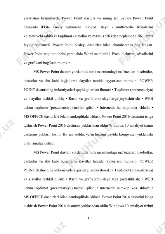 gan slaydlarning ko‛rinishlardan biri, masalan, [pustaya prezentatsiya] tanlanadi. natigada ekranga power point 2016 dasturining ish oynasi hosil bo‛ladi: tez foydalanish paneli– foydalanuvchiga qulaylik yaratish uchun tez-tez foydalanib turiladigan buyruqlarning belgisini joylashtirish va zarur bo‛lganda foydalanish imkonini beradi. unga yangi buyruqlarni qo‛shish uchun panelning oxiridagi tugmaga kelib “sichqoncha” chap tugmasini bosish kerak. so‛ng ro‛yxatdan kerakli buyruqlarni tanlash lozim. agar yangi hujjatga nom berilmagan bo‛lsa, u holda doimiy qabul qilingan birinchi hujjat uchun prezentatsiya ikkinchisi uchun prezentatsiya va hokazo nomlar beriladi. power point dasturi lentalari power point 2016 dasturida quyidagi lentalardan foqdalaniladi: fayl; glavnaya; vstavka; dizayn; perexodi; animatsiya; slayd-shou; retsenzirovanie; vid. 1. dasturning fayl lentasi fayllar ustida turli amallarni bajarishga imkon beruvchi buyruqlardan tashkil topgan: svedeniya - fayl haqida turli ma’lumotlarni olish; sozdat – yangi fayl hosil qilish agar yangi hujjatga nom berilmagan bo‛lsa, u holda doimiy qabul qilingan birinchi hujjat uchun prezentatsiya ikkinchisi uchun prezentatsiya va hokazo nomlar beriladi. power point …