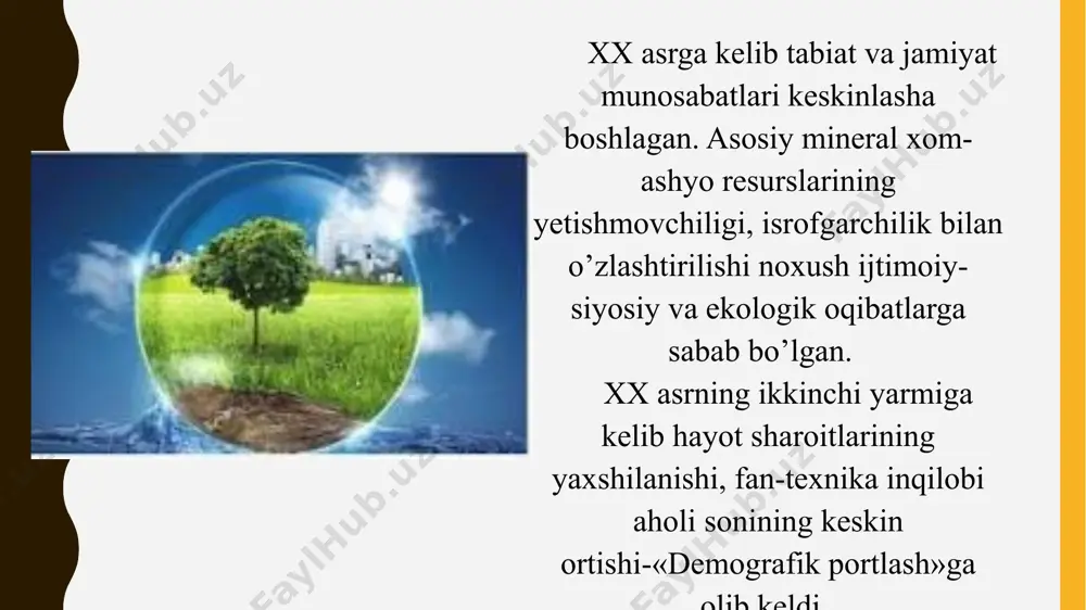 i qutqarish xalqaro fondi», markaziy osiyo mintaqaviy ekologik markazi va boshqa tashkilotlar faoliyat olib bormoqda. o’zbekiston respublikasining istiqlol yillarida mamlakat bo’ylab atrof-muhit va ekologik xavfsizlikni ta’minlash bo’yicha muhim ahamiyatga ega huquqiy, tashkiliy, ijtimoiy va iqtisodiy chora-tadbirlar ishlab chiqildi hamda amalga oshirildi. atrof-muhitni muhofaza qilish va tabiiy resurslardan oqilona foydalanish sohasidagi munosabatlarni bevosita tartibga soluvchi 15 dan ziyod qonun, tabiiy resurslarning ayrim turlaridan foydalanish mexanizmlari va shartlari, shuningdek, davlat ekologik ekspertizasini amalga oshirish, turli toifadagi qo’riqlanadigan hududlarni tashkil qilish va ulardan alohida foydalanish rejimini o’rnatish tartib-taomillari va boshqa masalalarni belgilab bergan 30 dan ortiq me’yoriy-huquqiy hujjat qabul qilindi va faoliyat doirasida amal qilmoqda. o’zbekiston respublikasi prezidentining 2017-yil 21-aprelda imzolangan “ekologiya va atrof-muhitni muhofaza qilish sohasida davlat boshqaruvi tizimini takomillashtirish to’g’risida”gi pf-5024-sonli farmoni bilan davlat ekologiya qo’mitasiga quyidagi vazifalar yuklandi: ekologiya, atrof-muhit muhofazasi, tabiiy resurslardan oqilona foydalanish va ularni qayta tiklash sohasida davlat boshqaruvini amalga oshirish; maishiy chiqindilarni to’plash, tashish, qayta ishlash, …