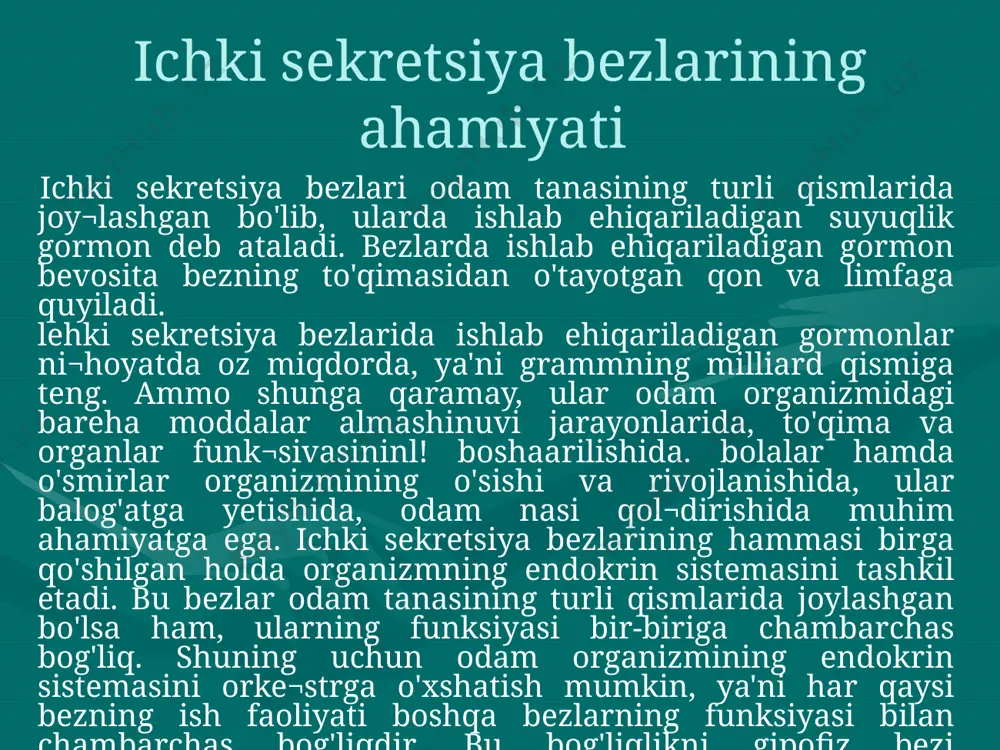 chiqishi, uyquning buzilishi, ishtahaning pasayishi, terlash, ayniqsa, qo'l kaftining ko'p terlashi va hokazo. bunday vaqtda ko'proq ochiq havoda sayr qilish, aqliy mehnatni kamay¬tirish tavsiya etiladi, bu holat dorisiz asta-sekin o'tib ketadi. qalqonsimon bez oldi bezi. bu bez to'rtta bo'lib, qalqonsimon bezning orqa yuzasiga yopishib turadi. ulaming umumiy og'irligi 10-12 mg ni tashkil qiladi. qalqonsimon bez oldi bezidan paratireoidin yoki paratgormon ishlanib chiqadi. bu gormon odam organizmida kalsiy-fosfor almashinuvini tartibga solib turadi. gormon kam ishlab chiqaril¬sa, nerv-muskul sistemasining qo'zg'aluvchanligi ortib, odamning qovoqlari, lablari pirpirab uchadi, qo'llari qaltiraydi. gormon juda kamayib ketsa, soch to'kiladi, suyaklar yumshab, egiluv¬chan, mo'rt bo'lib qoladi, nerv-muskul sistemasining qo'zg'aluvchanligi ortib ketib, odam tanasining umumiy qaltirashi, ya'ni tutqanoq (ietaniya) holati yuzaga keladi. qalqonsimon bez oldi bezlarining funksiyasi ortib, paratgor¬mon ish lab chiqarilishi ko'paysa, nerv-muskul sistemasining qo'zg'aluvchanligi pasayib, tana muskullari bo'shashib qoladi, odam umumiy holsizlanadi, tez charchaydi. ayrisimon bez. bu bez to'sh suyagining orqa yuzasida joylashgan. uning massasi chaqaloqlarda 12 …