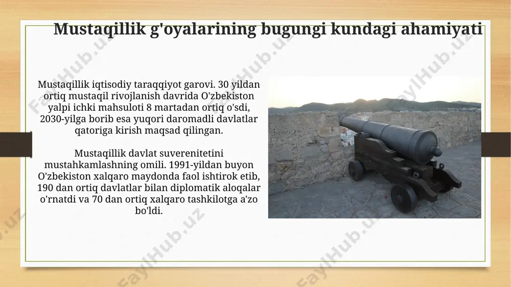 olli yo'l bilan tugatdilar, minglab begunoh insonlar, jumladan 10 000 qo'qon aholisi qurbon bo'ldi. mustaqillikning dastlabki yillari: davlat qurilishi va islohotlar mustaqillikning dastlabki yillari: davlat qurilishi va islohotlar mustaqillikning dastlabki yillarida o'zbekiston respublikasining konstitutsiyasi qabul qilindi (1992-yil). bu yangi davlat tuzilishining asosiy huquqiy hujjati bo'lib, demokratik prinsiplarni mustahkamladi. jadidchilik harakati: ma'rifatparvarlik va milliy o'zlikni anglash jadidchilik harakati: ma'rifatparvarlik va milliy o'zlikni anglash jadidchilik harakati vakillari, masalan, mahmudxo'ja behbudiy va munavvarqori abdurashidxonov, turkistonda milliy adabiyotni rivojlantirishda katta hissa qo'shdilar, milliy g'oyalarni 20 yildan ortiq vaqt davomida targ'ib qildilar. xulosa: tarix saboqlari va kelajak istiqbollari xulosa: tarix saboqlari va kelajak istiqbollari buyuk ipak yo'li davridan boshlab 2500 yillik tajriba asosida, o'zbekiston markaziy osiyoda 5 ta davlat bilan hamkorlikni rivojlantirib, regional xavfsizlikni ta'minlashi lozim. "paxta ishi" va boshqa siyosiy qatag'onlar: milliy ongning uyg'onishi paxta ishi va boshqa siyosiy qatag'onlar: milliy ongning uyg'onishi paxta ishi" 1980-yillardagi soxtalashtirishlar haqidagi tergov edi, unda o'n minglab odamlar …