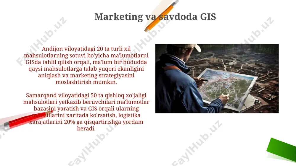 viy tarkibi, unumdorlik darajasi va eroziya xavfi xaritalari yaratildi. qashqadaryo viloyatida 50 dan ortiq suv resurslari ob'ektlarining joylashuvi va holatini kuzatish uchun gis asosida monitoring tizimi ishlab chiqildi, bu suv ta'minoti samaradorligini 15% ga oshirdi. qurilish sohasida gis toshkentdagi yirik infratuzilma loyihalarida, masalan, yangi metro liniyasi qurilishi va yo'llarni kengaytirishda, gis 200 gektar maydondagi yer uchastkalarini tahlil qilish va rejalashtirishda muhim rol o'ynaydi. qurilish sohasida gis yordamida 3d modellashtirish orqali 1000 dan ortiq binolarni loyihalash va boshqarish samarqand shahrida amalga oshirilmoqda, bu esa xarajatlarni 15% ga kamaytirishga yordam beradi. harbiy ishlarda gis gis harbiy strategiya rejalashtirishda, masalan, 5000 kvadrat kilometr maydondagi afgʻonistonning togʻli hududlarida qoʻshinlarni joylashtirish va operatsiyalarni amalga oshirishni optimallashtirishda muhim rol oʻynaydi. qoʻshma shtatlar armiyasi gis yordamida 2003-yilda iroq urushi davrida logistika operatsiyalarini kuzatish va resurslarni taqsimlashni samaradorligini 15% ga oshirdi. tabiiy ofatlarni boshqarishda gis qoraqalpog'iston respublikasidagi qurilish ishlarini rejalashtirishda 1500 kv.km maydonni qamrab oluvchi tuproqning eroziya xavfi …