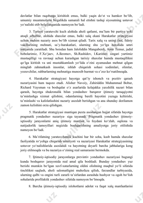 i davlat, yangi jamiyat tarkib topayotgan ekan, unga mos yangi qadriyat va munosabatlar tizimi shakllanishi ham tabiiydir. hozirgi vaqtda qabul qilinayotgan qonunlar, farmon va qarorlar ana shu ulkan o‘zgarishlarga yangi turtki va yo‘nalish bermoqda. biz bugun ajdodlarimiz ming-ming yillardan beri orzu qilgan, ammo amalga oshira olmagan, adolat, tinchlik, obodlik, farovonlik kabi qadriyatlar mujassami bo‘lgan chinakam xalq davlatini barpo etishga kirishdik. o‘zbekistonda 2016 yil 4 dekabrda bo‘lib o‘tgan o‘zbekiston respublikasi prezidenti saylovidan keyin xalq davlatining mustahkam poydevorini qurish, demokratik imkoniyatlarni kengaytirish, qonun chiqaruvchi, ijro etuvchi va sud hokimiyatining mustaqil hokimiyat sifatida faoliyat olib borishibo‘yicha asosiy taaladan kelib chiqib chiqadigan bosh tamoyil - xalqqa xizmat qilish va uning oldida hisob berish masalasi kun tartibiga qo‘yildi. agar ana shu tamoyilga amal qilinmasa, har qanday hokimiyat faqat byurokratik tuzilmadan iborat bo‘lib qolishi haqli ravishda ta’kidlab kelinmokda. haqiqatan ham, xalqqa yaqinlashish, uning ichiga kirib, eng dolzarb muammolarini hal etish, elu yurt dardu tashvishlari bilan yashash …