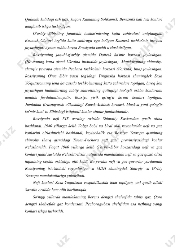ubasi shelsfidan esa neftning yangi konlari ishga tushirildi. rossiya o'rmon resurslari zahiralari bo'yicha dunyoning istalgan mamlakatidan oldingi o'rinda turadi, biroq o'rmon resurslaridan foydalanishi darajasi bo'yicha iqtisodiy rivojlangan mamlakatlardan orqada qolmoqda. rossiya katta yer resurslariga ega bo'lib, yer shari quruqligining qismini tashkil etadi. biroq unumdor qishloq xo'jaligi yerlari (haydaladigan pichanzorlar va yaylovzorlar) jami yer maydonining 13 foizini egallaydi xolos. (haydaladigan yerlar-8 foizni tashkil etadi). mamlakatning tundra zonasi yaylov bug'ichiligi tarqalgan. rossiya katta chuchuk suv zahiralariga ega. mamlakat hududida 2,5 mlnta daryo va 3 mlnta ko'l bo'lib, ular orasida dunyodagi eng katta kaspiy va eng chuqur chuchuk ko'l baykal ko'li joylashgan. daryolar uch okean hovzasiga qarashli, shuningdek kaspiy ko'li ichki oqimsiz hovzaga qarashlidir. rossiya hududining katta qismini ko'p yillik muzloq yerlar egallagan. muzloq yerlarning maydoni 11 mln km2ni tashkil etadi. abadiy muzloq yerlar ko'p ming yil ilgari hosil bo'lgan. muzloq qatlamlar qalinligi janubda bir necha yuz metrga yetadi. 3. aholisi rossiyaning bir …