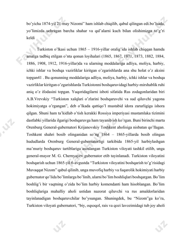 nazorat qiluvchi va rus amaldorlaridan tayinlanadigan boshqaruvchilar bo’ysungan. shuningdek, bu “nizom”ga ko’ra, turkiston viloyati gubernatori, “biy, oqsoqol, rais va qozi lavozimidagi tub joy aholi vakillarini egallab turgan lavozimiga tasdiqlash, bo’shatish, almashtirish vakolatiga ega bo’lgan”. turkiston hududida dastlabki hisob-kitoblarga ko’ra, 453 ming kishi istiqomat qilar edi. turkiston viloyatining ichki ma’muriy-hududiy bo’linish tizimi sof harbiy vazifalarni hal qilishga qaratilgan bo’lib, uning asosini harbiy-hududiy birliklar tashkil qilar edi. viloyat uch bo’limdan iborat bo’lib, keyinchalik sirdaryo nomini olgan o’ng qanotga aralsk, 1-frot (keyinchalik kazalinsk deb nomlandi ) va perovsk; markazga turkiston va chimkent rayonlari; chap qanotga avliyoota, narke va pishpek shaharlari kiradi. turkiston harbiy okrugi 1874-yilda rossiyada vazir d.a.milyutin tomonidan oʻtkazilgan harbiy islohot paytida, butun rossiya hududi 14 harbiy okrugga boʻlinganda tuzilgan. turkiston harbiy okrugi qoʻshinlarining birinchi qoʻmondoni (1867-1882) konstantin petrovich fon kaufman edi. okrug qo'shinlari qo'mondoni bir vaqtning o'zida turkiston general-gubernatori va semirechensk kazak armiyasining harbiy atamani lavozimlarini egallagan. 12/26/1897 zakaspiy va semirechensk …