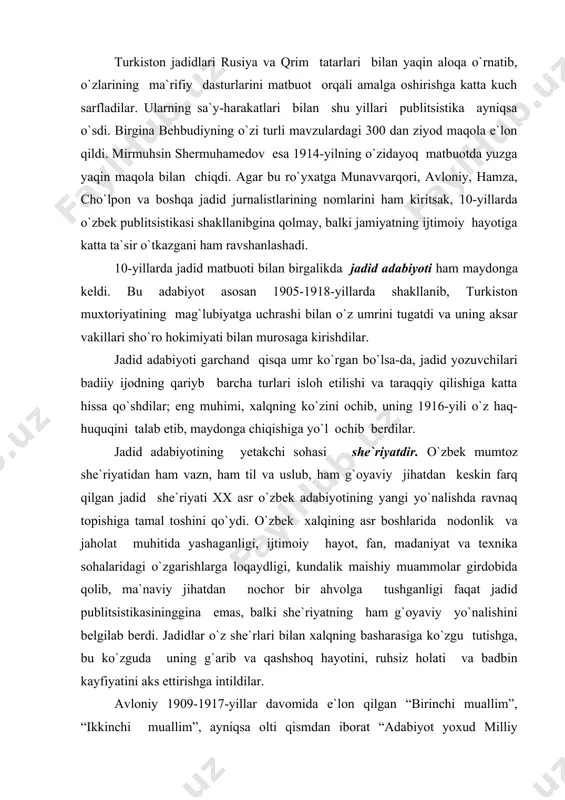 i o`z haq-huquqini talab etib, maydonga chiqishiga yo`l ochib berdilar. jadid adabiyotining yetakchi sohasi she`riyatdir. o`zbek mumtoz she`riyatidan ham vazn, ham til va uslub, ham g`oyaviy jihatdan keskin farq qilgan jadid she`riyati xx asr o`zbek adabiyotining yangi yo`nalishda ravnaq topishiga tamal toshini qo`ydi. o`zbek xalqining asr boshlarida nodonlik va jaholat muhitida yashaganligi, ijtimoiy hayot, fan, madaniyat va texnika sohalaridagi o`zgarishlarga loqaydligi, kundalik maishiy muammolar girdobida qolib, ma`naviy jihatdan nochor bir ahvolga tushganligi faqat jadid publitsistikasininggina emas, balki she`riyatning ham g`oyaviy yo`nalishini belgilab berdi. jadidlar o`z she`rlari bilan xalqning basharasiga ko`zgu tutishga, bu ko`zguda uning g`arib va qashshoq hayotini, ruhsiz holati va badbin kayfiyatini aks ettirishga intildilar. avloniy 1909-1917-yillar davomida e`lon qilgan “birinchi muallim”, “ikkinchi muallim”, ayniqsa olti qismdan iborat “adabiyot yoxud milliy she`rlar” degan to`plamlaridagi she`r va masalalari bilan jadid she`riyatining shakllanishiga kuchli turtki berdi. garchand bu to`plamlarning dastlabkisi o`zbek ma`rifatining darg`alaridan biri sayidrasul aziziyning “ustozi avval” idan keyin va …