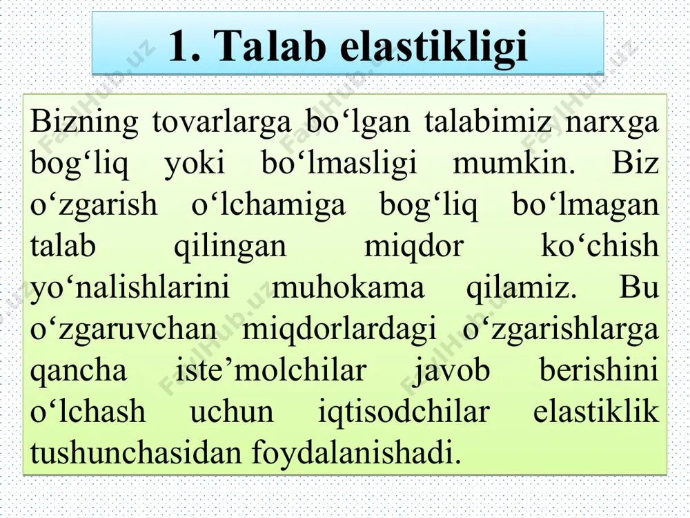 ʻrniga boshqasini sotib olish iste’molchilar uchun osonroq. masalan, saryogʻ va margarin bir-birini oʻrnini bemalol bosadi. margarin narxi oʻzgarmaganda saryogʻ narxining biroz koʻtarilishi saryogʻning sotilish miqdori tushushiga sabab boʻladi. bunga zid holda, tuxumning oʻrnini bosadigan tovar boʻlmagani uchun tuxumga boʻlgan talab saryogʻga nisbatan kamroq elastik boʻladi. zaruriyat hashamatga qarshi. zaruriyatga boʻlgan talab odatda noelastik boʻladi, lekin hashamat elastik talabga ega. shifokorlarga tashrif buyurish narxi oshgan vaqtda, odamlar ular bilan uchrashish sonini keskin kamaytirmaydi. lekin yelkanli qayiq narxi oshsa, unga boʻlgan talab sezilarli darajada pasayadi. chunki odamlar shifokorga zaruriyat uchun borishadi, yelkanli qayiq esa hashamat hisoblanadi. albatta, tovarlarning zaruriyat yoki hashamat ekanligi ularning ichki xususiyatlariga bogʻliq emas, balki xaridorlarning xohishiga bogʻliq. sogʻligʻiga kamroq munosabatda boʻlgan dengizchi uchun yelkanli qayiq talab elastikligiga ega boʻlgan zaruriyat boʻlishi mumkin va shifokorga borish elastik talabga ega boʻlgan hashamat boʻlishi mumkin. bozor tavsifi. har qanday bozor talab elastikligi bozor chegaralarini qanday chizishimizga bogʻliq. tor doirada aniqlangan bozor …