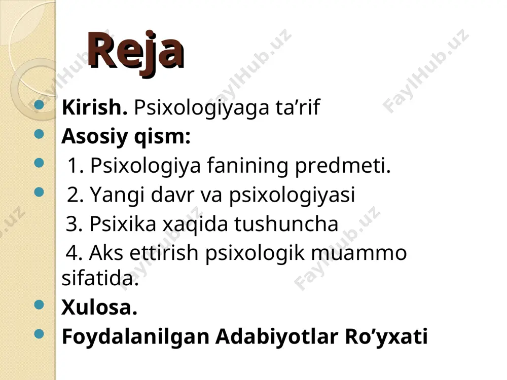 oxirgi jixati xusisida shuni aytish mumkinki, bu xodisalar bevosita bizning o’zimizga berilgan, ularni uzoqdan qidirish, mavxum analogiyalar qilish shart emas, boshka bir tamondan, ular o’zaro bir birlari bilan bog’lik va umumiy qonuniyatlar va printsiplarga bo’ysunadi. psixologiyaning predmeti konkret shaxs, uning jamiyatdagi xulq atvori va turli faoliyatlarining uziga xos tamonlaridir, deb ta`riflash mumkin. psixologiya konkert fan sifatida psixik faoliyat qonuniyatlarini, uning ruy berishi mexanizmlari va omillarini urganuvchi fandir. psixologiya yaxlit va mustakil fan sifatida odamlarda gumanistik meitalitetning shakllanishiga xizmat qilib, inson omiliga aloqadorligi uning shu yunalishdagi muammolarni ma`lum ma`noda urganadigan barcha fanlar bilan bevosita aloqasini takoza etadi. yangi davr va psixologiya. psixologiya soxasida mukammal darsliklar yozila boshlangan davrga sal kam 160 yil bo’ldi. shu davr ichida juda ko’plab ilmiy tadqiqot natijalarini o’z ichiga olgan monografiyalar, darsliklar, kullanmalar yozildi. xx asr va uning erishilgan yutuklaridan eng muximi shu bo’ldiki, texnika, elektronika va boshka shunga o’xshash murakkab texnologiyalarni yaratgan inson va uning bevosita …