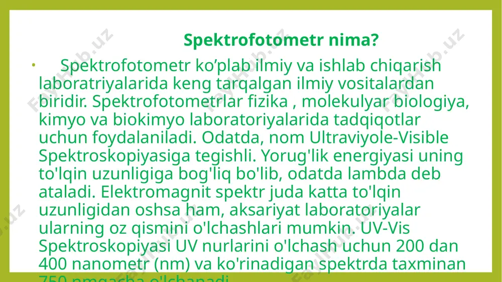 sh uchun spektrofotometrlardan foydalanadi. ba'zan ularda nanodrop ™ spektrofotometr deb nomlangan rivojlangan mashina mavjud bo'lib, u an'anaviy spektrofotometrlar ishlatganiga nisbatan namuna miqdorining bir qismini ishlatadi. miqdori to'g'ri bo'lishi uchun namuna beer-lambert qonuniga muvofiq bo'lishi kerak. buning uchun assimilyatsiya kupitning uzunligi va aralashmaning so'rilishi bilan to'g'ridan-to'g'ri proportsional bo'lishi kerak. ko'pchilik uchun mavjud bo'lgan, ammo hammasi emas, aralashish koeffitsientlari jadvallari mavjud. vaqt o'tishi bilan ko'plab kimyoviy va enzimatik reaktsiyalar rangni o'zgartiradi va spektrofotometrlar bu o'zgarishlarni o'lchash uchun juda foydali. masalan, polifenol oksidaza fermenti mevalarni jigarrang oksidlanishiga olib keladi, aniq eritmalarni aniq rangga o'zgartiradi. bunday reaktsiyalar rang o'zgarishi bilan assimilyatsiya hajmining oshishini o'lchash orqali taxmin qilinadi. ideal holda, o'zgarish tezligi chiziqli bo'ladi va ushbu ma'lumotlardan stavkalarni hisoblash mumkin. keyinchalik rivojlangan spektrofotometrda ferment uchun ideal bo'lgan aniq haroratda reaktsiyalarni amalga oshirish uchun harorat bilan boshqariladigan kyuveta ushlagichi bo'ladi. mikrobiologik va molekulyar biologiya laboratoriyalari bakteriyalar kulturalarining o'sishini o'lchash uchun spektrofotometrdan tez-tez foydalanadilar. dnk klonlash tajribalari …