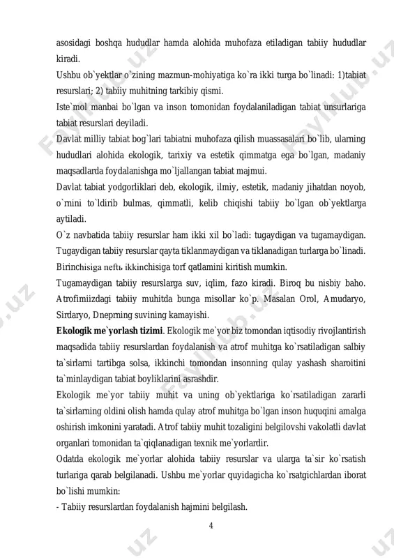 atiladigan salbiy ta`sirlarni tartibga solsa, ikkinchi tomondan insonning qulay yashash sharoitini ta`minlaydigan tabiat boyliklarini asrashdir. ekologik me`yor tabiiy muhit va uning ob`yektlariga ko`rsatiladigan zararli ta`sirlarning oldini olish hamda qulay atrof muhitga bo`lgan inson huquqini amalga oshirish imkonini yaratadi. atrof tabiiy muhit tozaligini belgilovshi vakolatli davlat organlari tomonidan ta`qiqlanadigan texnik me`yorlardir. odatda ekologik me`yorlar alohida tabiiy resurslar va ularga ta`sir ko`rsatish turlariga qarab belgilanadi. ushbu me`yorlar quyidagicha ko`rsatgichlardan iborat bo`lishi mumkin: - tabiiy resurslardan foydalanish hajmini belgilash. 5 - tabiiy ob`yektlarning umumiy sifat ko`rsatkishlari. - tabiiy ob`yektlarga zararli ta`sir ko`rsatish miqdorlari. tabiatni muhofaza qilish to`g`risidagi qonunni buzganligi uchun huquqiy javobgarlik. tabiatni muhofaza qilish huquqiy javobgarligi – bu huquqiy javobgarlikning tarkibiy qismi bo`lib, huquqiy javobgarlik uchun mansub barcha shakllar, usullar va shartlar ham unga xosdir. shuning bilan birga uning o`ziga xos jihatlari ham mavjud. alohida muhofaza etiladigan tabiiy hududlarga doir qonunni buzganlik uchun huquqiy javobgarlik quyidagi holatlarda amal qiladi: - tabiat qo`riqxona …