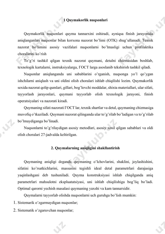 arzliklar (quymani tanasida yorilishlar, uzilishlar, quymani yuzasida oksidlar qoplami) 1. quymaning konstruksiyasi noto’g’ri quymani to’liq joyidan ingichka joyiga keskin o’tish. kam belgilangan galtellar (burgansiz silliq qayilish). 2.quymaga metallni kam keltirish. 3. qolip va o’zaklarni past moyilligi. 4. puxtalik karkaslarini qolipda va o’zaklarda joylashini o’zgartirish va puxtalik qirralarini o’zgartirish. 5. quyish darajasi juda yuqori. 6. qotishmaning yomon oksidlanishi. 7. erta qolipni urib chiqarish. 1.quyma konstruksiyasini o’zgartirish, turli kesimlari o’tar joylarini yumshatish, galtellar radiusini oshirish va kirishish qirrasini mo’ljallab quyish. 2. quymaga suyuq metallni keltirish bosqichlarini ko’paytirish, ustamalar shaklini va o’lchovlarini o’zgartirish. 3. qolip zichligini kamaytirish, qolip va o’zak aralashmalarini o’zgartirish, ichi bo’sh bo’lgan o’zaklarni ishlatish. 4. o’zaklarni karkaslarini va opokalarni qattiqlik qirrasi konstruksiyasini o’zgartirish. 5. quyish darajasini pasaytirish. 6. quymaning oksidlanishini yaxshilash. 7. qolipni buzish vaqtini optimallashtirish. sovuq darzliklar (ochiq va ochiqmas yorilishlar, quyma tanasida uzilishlar toza yuzali. 1. kirishishning termik va mexanik va tormoz bo’lishi. 2. qotishmaning past plastikligi. 3. …