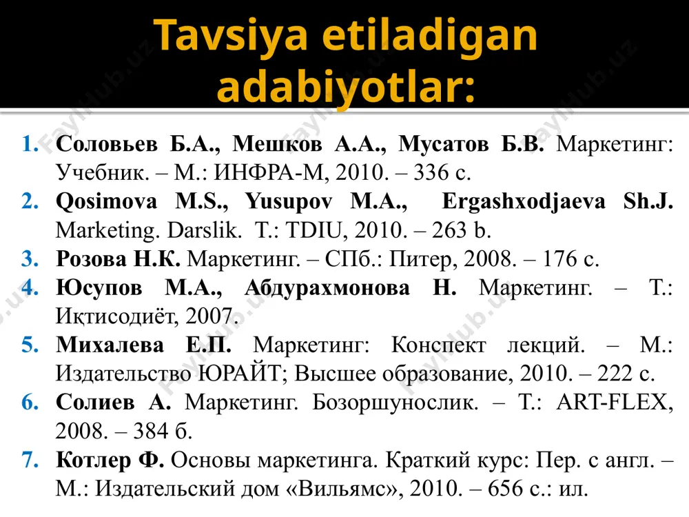 ngan foyda koopyerativ a’zolari o‘rtasida ularning qilgan xaridlariga mutanosib ravishda taqsimlanadi. shartnoma asosida vmtning uch informatsion tipi imtiyoz huquqiga ega bo‘lganlarning tashkilotidir. imtiyozlar egasi deb nomlanadigan a’zo ishlab chiqarish va taqsimot jarayonlarining qator ketma - ket bosqichlarini o‘z qo‘lida to‘plashi mumkin. o‘z navbatida bunday tashkilotlarning uch ko‘rinishi bor. firma tovar harakatini «marketing miks» jarayonida rejalashtirishda quyidagilarga ahamiyat beradi: sotish siyosatini tovar harakatiga bog‘langan holda aniqlash; tovar harakati usullaridan va turlaridan barcha tovarlar va bozor segmentlariga mosini tanlash; tovar harakati bo‘g‘inlari va umumiy masofani topish; tovar harakati zanjirida qatnashuvchilar - mustaqil vositachilarni aniqlash; tovar harakati rahbarlik tizimini yaratish; tovar harakatini tashkil etuvchi bosh bo‘g‘inni topish; tovar harakati turlaridan eng samaralisini tanlashda turli xilini bog‘lab, bir - birini to‘ldirishni ko‘zda tutish. ii. tovar harakati funksiyasi, logistika iii. chakana va ulgurji savdo chakana savdo aholiga to‘g‘ridan - to‘g‘ri tovar sotish va xizmat qilish bilan bog‘liq bo‘lgan tadbirkorlik faoliyatini o‘z ichiga oladi. chakana savdo …