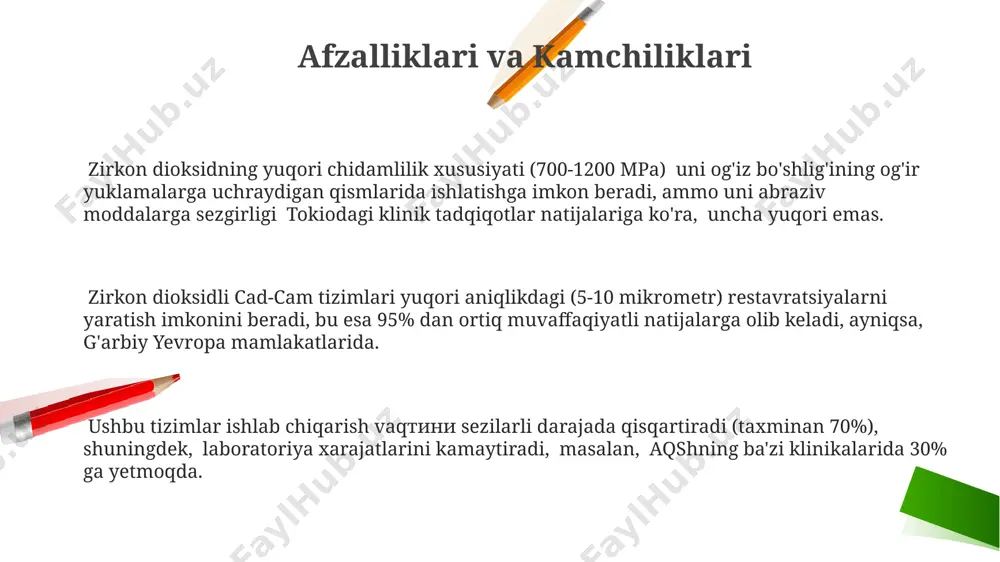 urli hududlaridagi, masalan, toshkent va samarqanddagi stomatologik klinikalarda 500 dan ortiq toj va ko'prik restavratsiyalari muvaffaqiyatli amalga oshirilgan. kelajakdagi tendentsiyalar yangi avlod cad/cam dasturlari, masalan, germaniyada ishlab chiqarilganlar, murakkab geometrik shakllarni yuqori aniqlikda (0,01 mm) yaratish imkonini beradi, bu esa stomatologiyada individual protezlar ishlab chiqarishni tezlashtiradi. kelajakda tsirkoniy dioksidining cad/cam tizimlaridagi qoʻllanilishi 50% ga oshishi va 2030-yilga borib, global bozorda 10 milliard dollarga yetishi kutilmoqda. yaponiyada ishlab chiqilgan yangi tsirkoniy dioksid kompozitlari, 20% ga yuqori mustahkamlikka ega boʻlib, bu esa uning tibbiyotdagi, xususan, implantologiyadagi qoʻllanilishini kengaytiradi. sirlash va pishirish jarayonlari sirlash jarayonida 980-1050°c haroratda, taxminan 2-3 soat davomida pechda sirlanadigan zirkonium dioksidli restavratsiyalar germaniyada ishlab chiqarilgan cad-cam tizimlari yordamida tayyorlanadi. 700-800°c haroratda oldindan pishirilgan zirkonium dioksidli korpuslar, keyinchalik sirlash uchun 2-5 soat davomida yaponiyada ishlab chiqarilgan maxsus pechlarda qayta ishlanadi va yakuniy mustahkamlikka erishiladi. pishirish jarayoni 1500°c gacha bo'lgan yuqori haroratlarda, bosim ostida amalga oshiriladi va bu jarayon restavratsiyaning mustahkamligini …