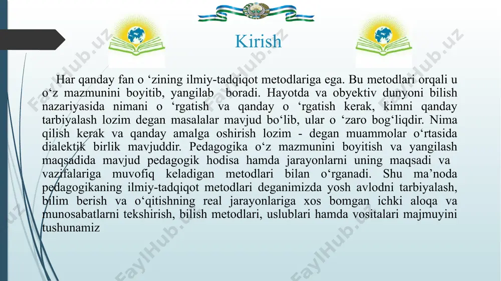 ida ma'lum yo‘lni yuqori darajadagi samarali va samarasiz deya baholash mumkin emas. kurs ishining ob’ekti bolalar uylarida va bolalar shaharchasida ijtimoiy pedagogik faoliyat yuritish, ota-onalar qaramog’ida bo’lmagan bolalar bilan ijtimoiy-pedagogik korreksion ish olib borish. kurs ishining predmeti ijtimoiy pedaogik g’oyalarning mazmuni, shakl, metod, usul va vositalari. kurs ishining ilmiy va amaliy ahamiyati kurs ishining nazariy va amaliy ahamiyati sifatida ijtimoiy pedagogik g’oyalarga asoslangan holda buyuk bobokalonlarimiz haqida universitetda va undan tashqarida o’rganishning mazmuni, metodlari va shakllarining samarali jihatlariga aniqliklar kiritildi. i bob. tarbiya metodlari haqida tushunchasi, maqsadi va vazifalari har qanday fan o ‘zining ilmiy-tadqiqot metodlariga ega. bu metodlari orqali u o‘z mazmunini boyitib, yangilab boradi. hayotda va obyektiv dunyoni bilish nazariyasida nimani o ‘rgatish va qanday o ‘rgatish kerak, kimni qanday tarbiyalash lozim degan masalalar mavjud bo‘lib, ular o ‘zaro bog‘liqdir. nima qilish kerak va qanday amalga oshirish lozim - degan muammolar o‘rtasida dialektik birlik mavjuddir. 1.1 ijtimoiy ongni …