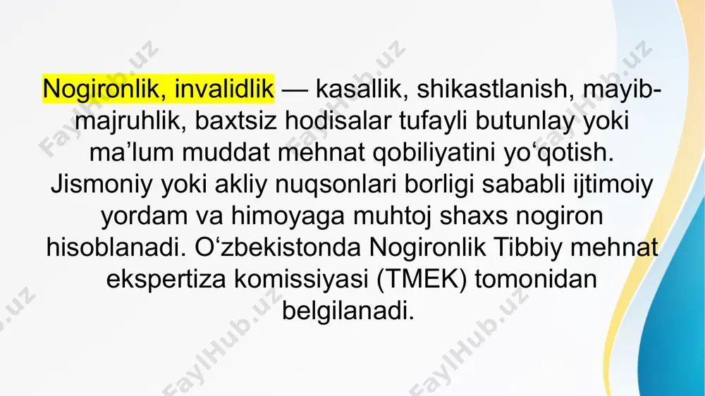 nogironlarni ijtimoiy-iqtisodiy muhofazalashga doir bir qancha huquqiy hujjatlar qabul qilingan. 1991-yil 18-noyabrdagi o'zbekiston respublikasi «nogironlarni ijtimoiy himoya qilish to'g'risida»gi qonun mustaqillik e'ion qilingandan keyingi ilk qadam bo'lib, keyinchalik «fuqarolarni sog'ligini saqlash to'g'risida»gi qonun va boshqa qarorlar va davlat dasturlari qabul qilindi. «nogironlarni ijtimoiy himoya qilish to'g'risida»gi qonunning 1- moddasida «nogiron» tushunchasini ta'rifi berilgan, unga ko'ra «jismoniy va aqliy nuqsonlari borligi tufayli turmush faoliyati cheklanganligi munosabati bilan ijtimoiy yordam va ijtimoiy yordam va himoyaga muhtoj shaxs, nogiron hisoblanadi. shaxsning turmush faoliyatini cheklanganligi uning o'ziga-o'zi xizmat qilish, yurish, yo'lni topa bilish, muloqat qilish, o'z hattiharakatlarini nazorat qilish, shuningdek mehnat bilan shug'ullanish qobiliyati yoki imkoniyatini to'la yoki qisman yo'qotganligida ifodalanadi ». tmek (tibbiy mehnat ekspertiza komissiyalari )lar haqidagi nizomning 41- moddasiga asosan nogironlikni quyidagi sabablari belgilanadi. umumiy kasallik — bu nogironlik shaxs organizmining kasallanishi, mehnat faoliyati va burchi bilan bog'liq bo'lmagan holdagi baxtsiz hodisa natijasida mayiblanishi, jarohatlanishi, kontuziya olishi natijasida kelib chiqadigan holatdir. …